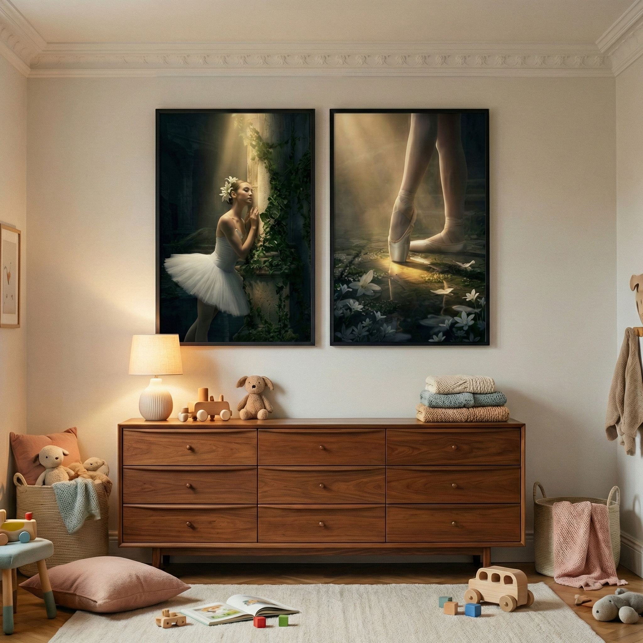 A serene nursery features a large wooden dresser with nine drawers, topped with a glowing lamp, wooden toys, and a stack of towels. Above it, two large framed artworks depict a ballerina in a white tutu and ballet slippers in a soft, ethereal forest setting. The room includes a textured rug with scattered toys and an open book. Woven baskets filled with plush animals and blankets flank the dresser, adding to the room's warm and cozy atmosphere.