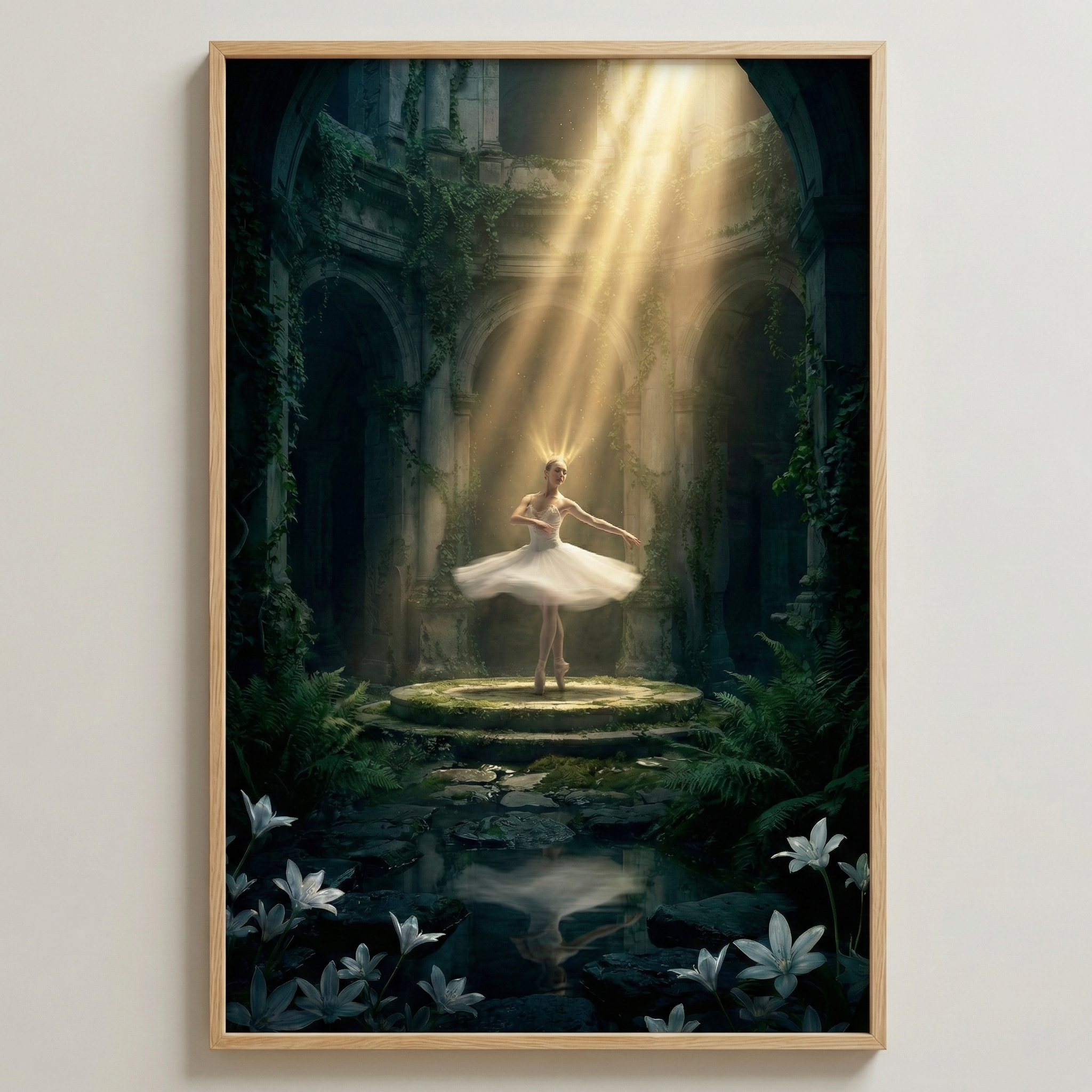 An artwork featuring a ballerina in a white tutu performing a spin on a circular stone platform. She is situated within a majestic, vine-covered ancient ruin. A radiant beam of golden light descends from above, spotlighting her. In the foreground, large white lilies grow near a dark pool reflecting her movement. The entire piece is enclosed in a light-colored wooden frame, displayed on a minimalist wall.