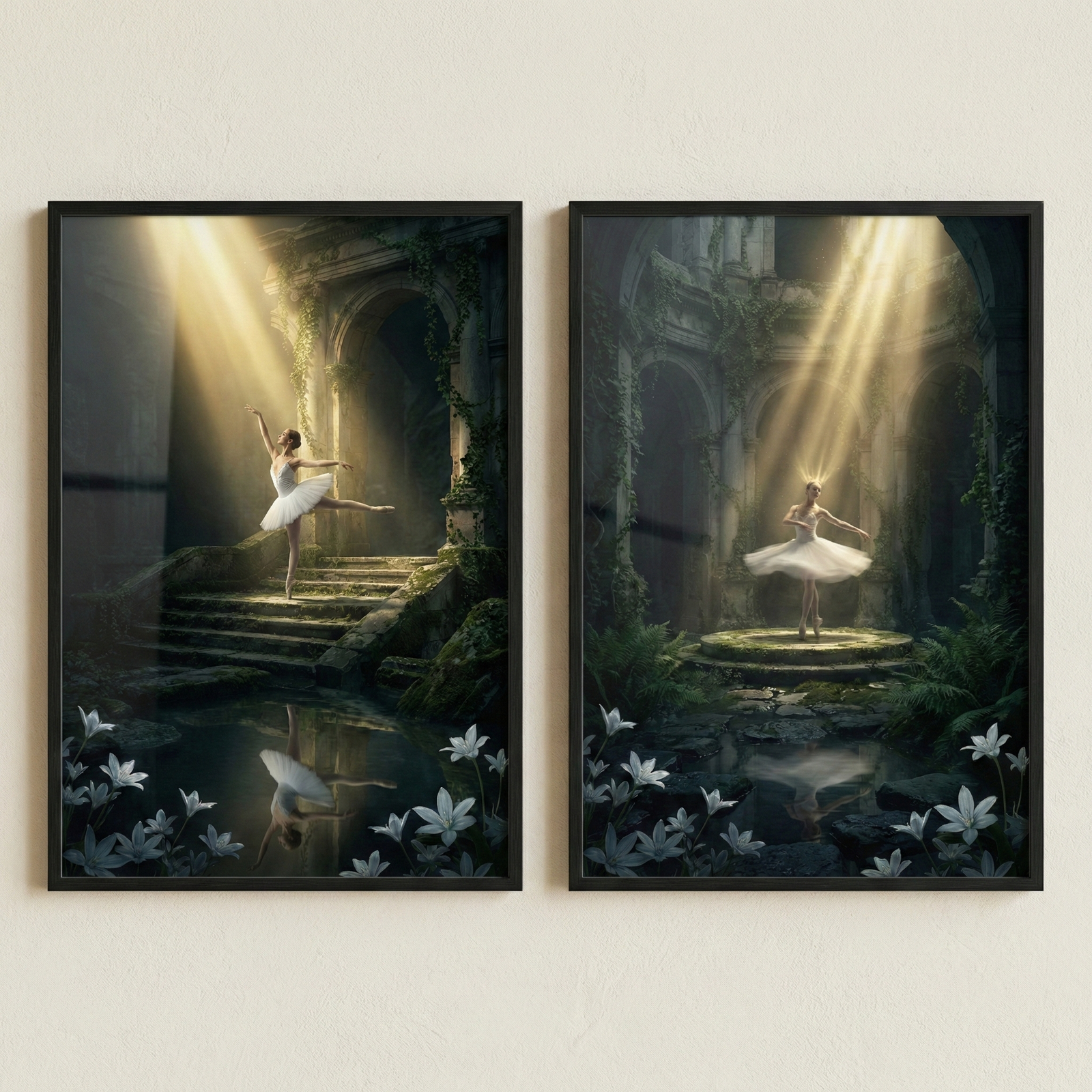 Two vertical framed artworks are displayed side-by-side. Each features a ballerina in a white tutu inside an ancient, overgrown stone ruin. In the left image, a dancer balances on moss-covered steps, illuminated by a brilliant shaft of golden light. In the right image, a dancer stands centered on a stone platform under a similar celestial beam. Both scenes include dark, reflective water in the foreground with white lilies, creating a dreamlike and ethereal atmosphere.