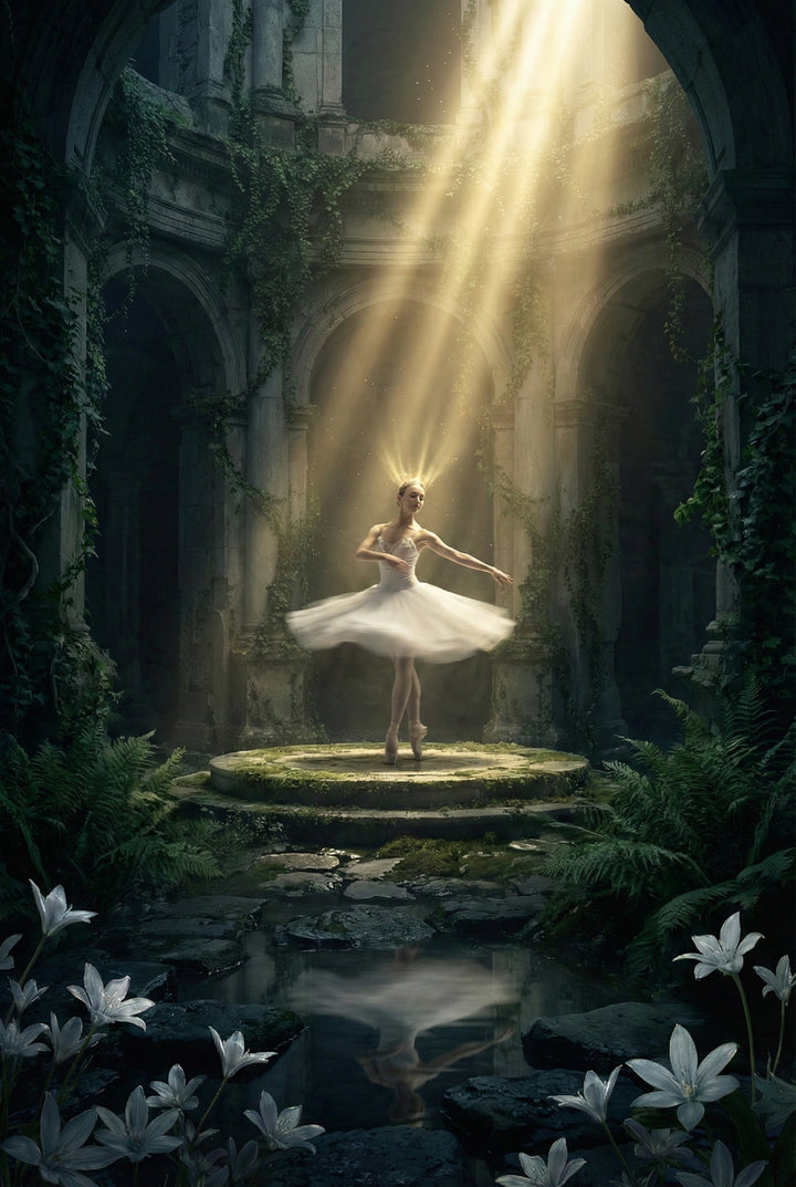 A ballerina in a white tutu spins on a circular stone dais within ancient, vine-covered ruins. Brilliant shafts of golden light stream down from above, illuminating her and creating a shimmering halo-like effect. In the foreground, delicate white flowers grow near a dark pool of water that reflects her movement. The surrounding stone arches are overgrown with lush greenery, creating a magical and ethereal scene.