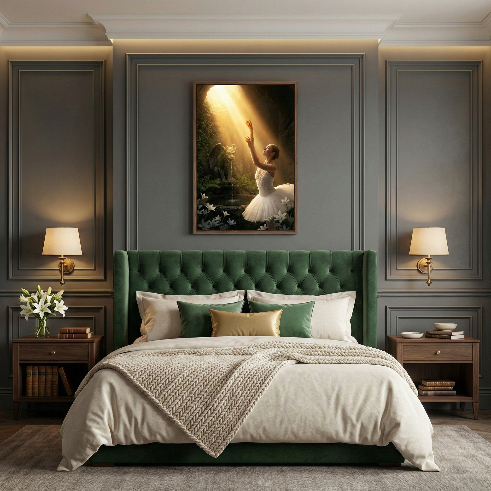 An elegantly designed bedroom features a bed with a deep green, tufted velvet wingback headboard. The bed is dressed in layers of cream and white linens, topped with a chunky knit throw. Centered on the dark gray paneled wall above is a framed piece of art showing a ballerina in a white tutu reaching toward a beam of light in a dark, forested grotto. On each side of the bed are dark wood nightstands with gold-toned wall sconces, books, and a vase of white lilies.