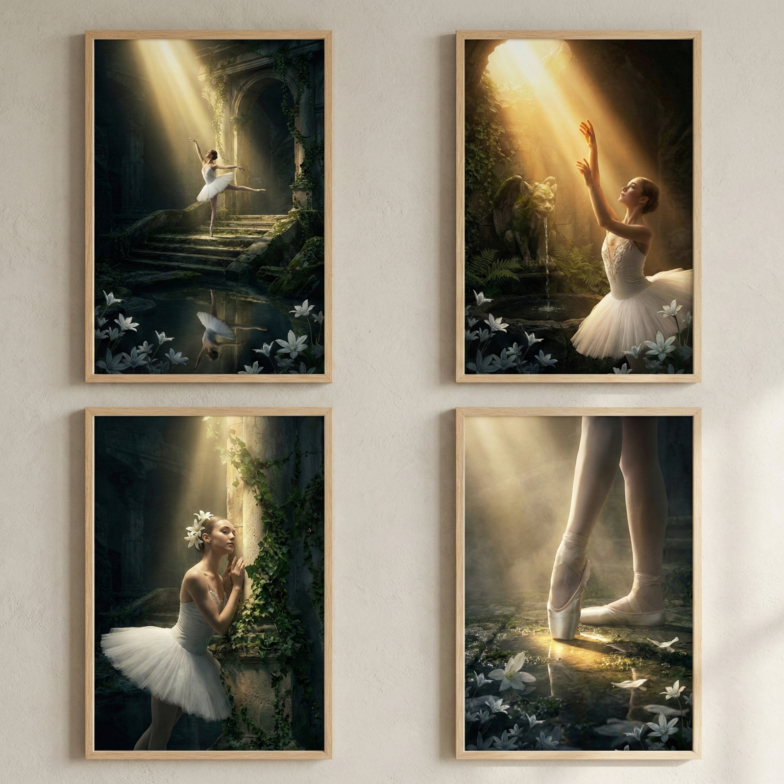 Four framed ballet themed illustrations arranged in a grid showing a graceful ballerina in a white tutu dancing in a ruined garden with beams of golden light. Scenes include a dancer performing on stone steps beside reflective water, reaching toward sunlight near a fountain statue, resting by ivy covered columns, and close up ballet pointe shoes on a glowing stone floor surrounded by white flowers.