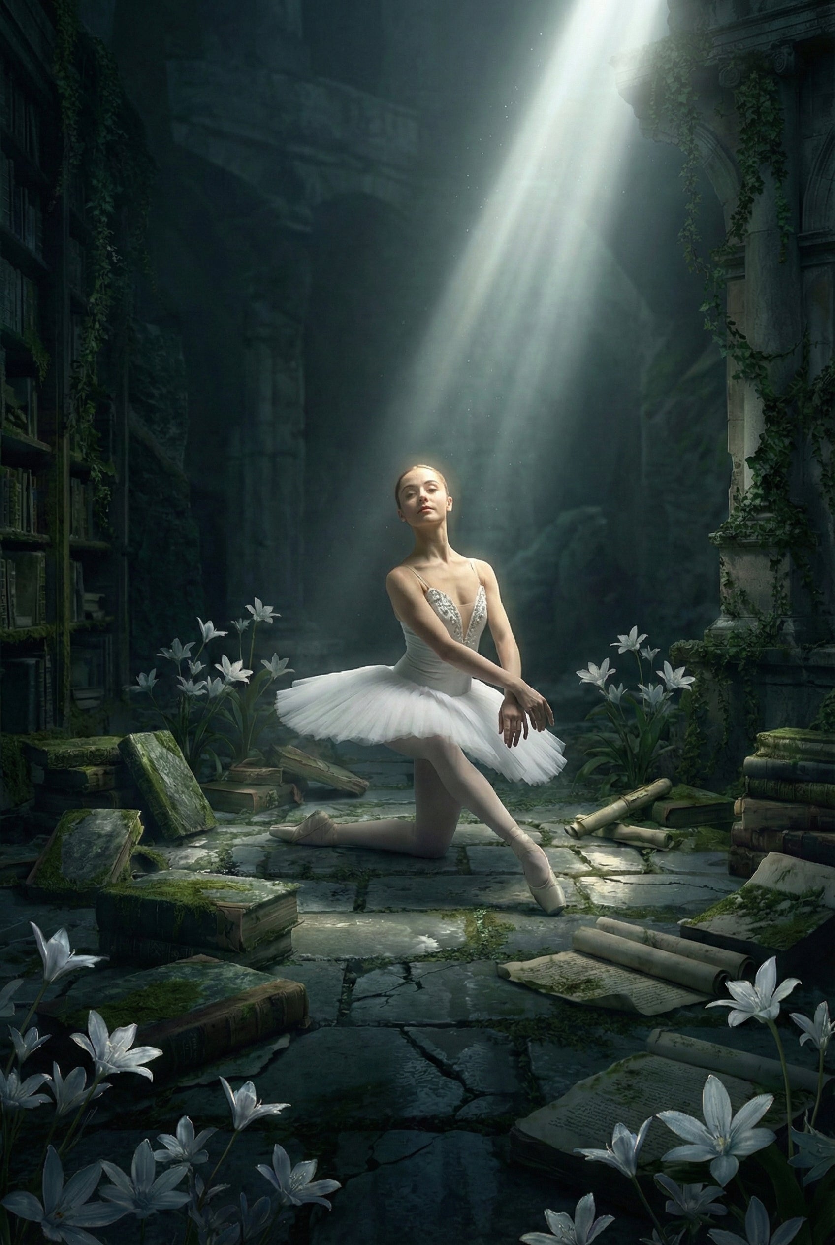 An atmospheric scene featuring a ballerina in a white tutu kneeling in a shaft of light. She is positioned in a dark, ruined library with moss-covered stone floors. Scattered around her are ancient books, scrolls, and clusters of white lilies. The background shows tall bookshelves and overgrown stone archways. The dramatic lighting from above creates a serene, ethereal mood, highlighting the dancer amidst the decaying surroundings.