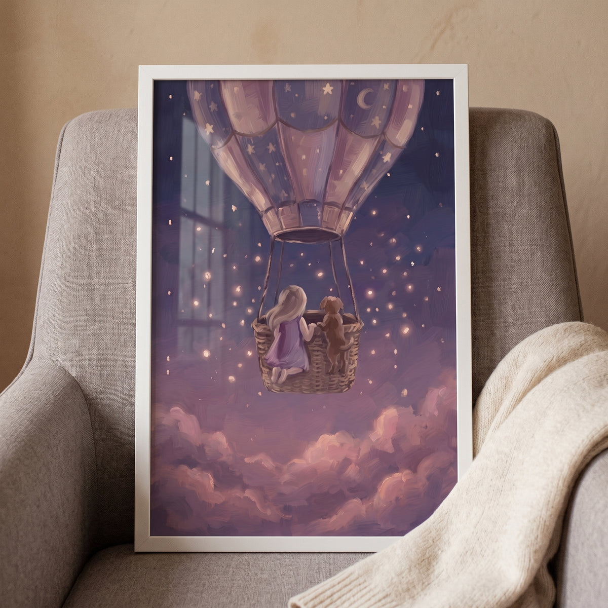 Ethereal Balloon Girl Dog Space Wall Art - Starlit Dream Flight