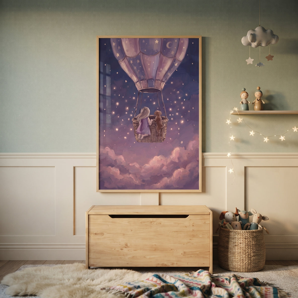 Ethereal Balloon Girl Dog Space Wall Art - Starlit Dream Flight