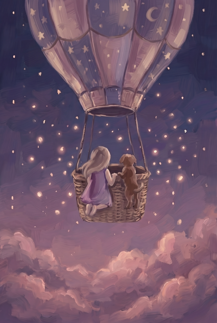A girl and her dog in a balloon basket float over clouds in this ethereal balloon girl dog space wall art.