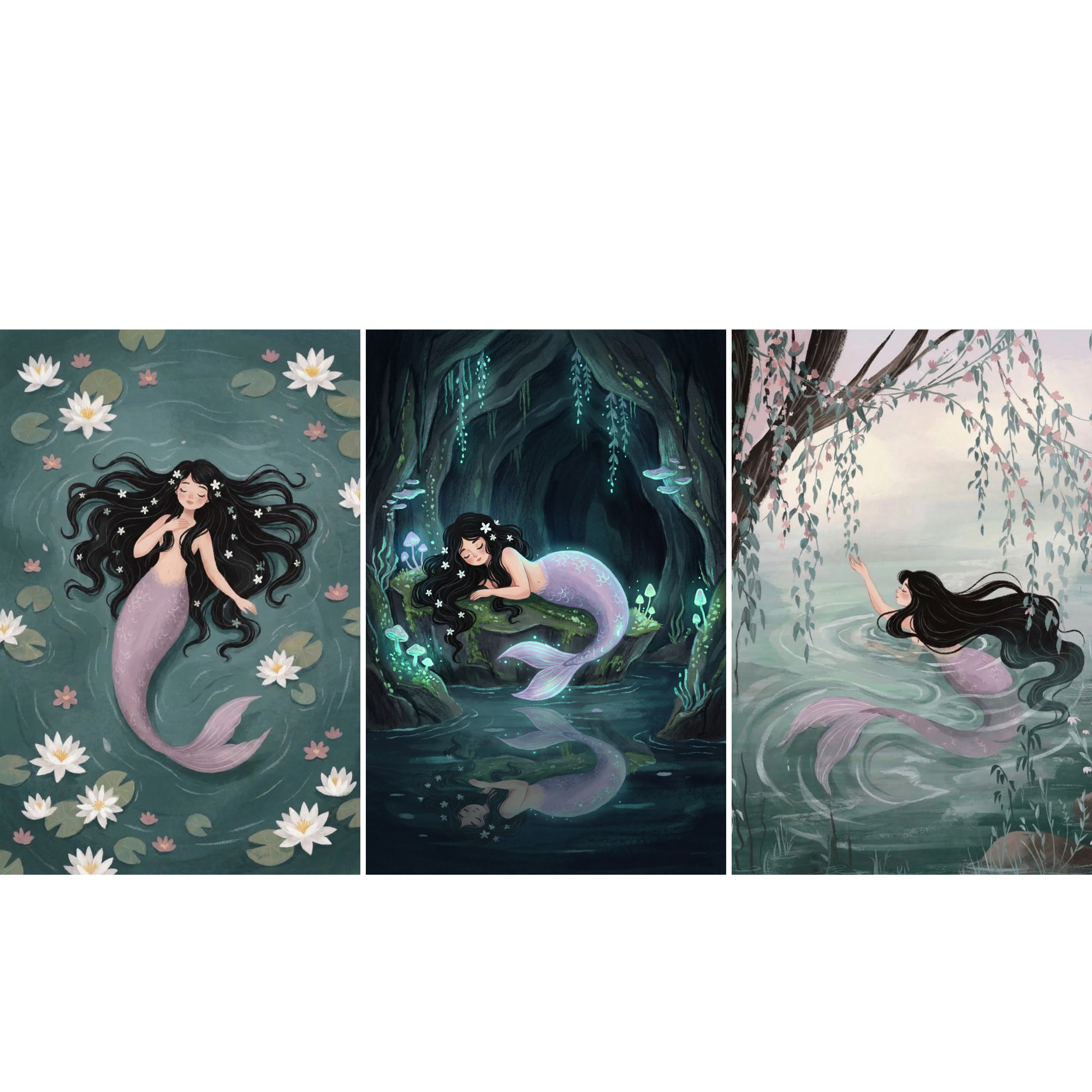Ethereal Black Hair Mermaid Wall Art Set of 3 - Mystic Mermaid Realm