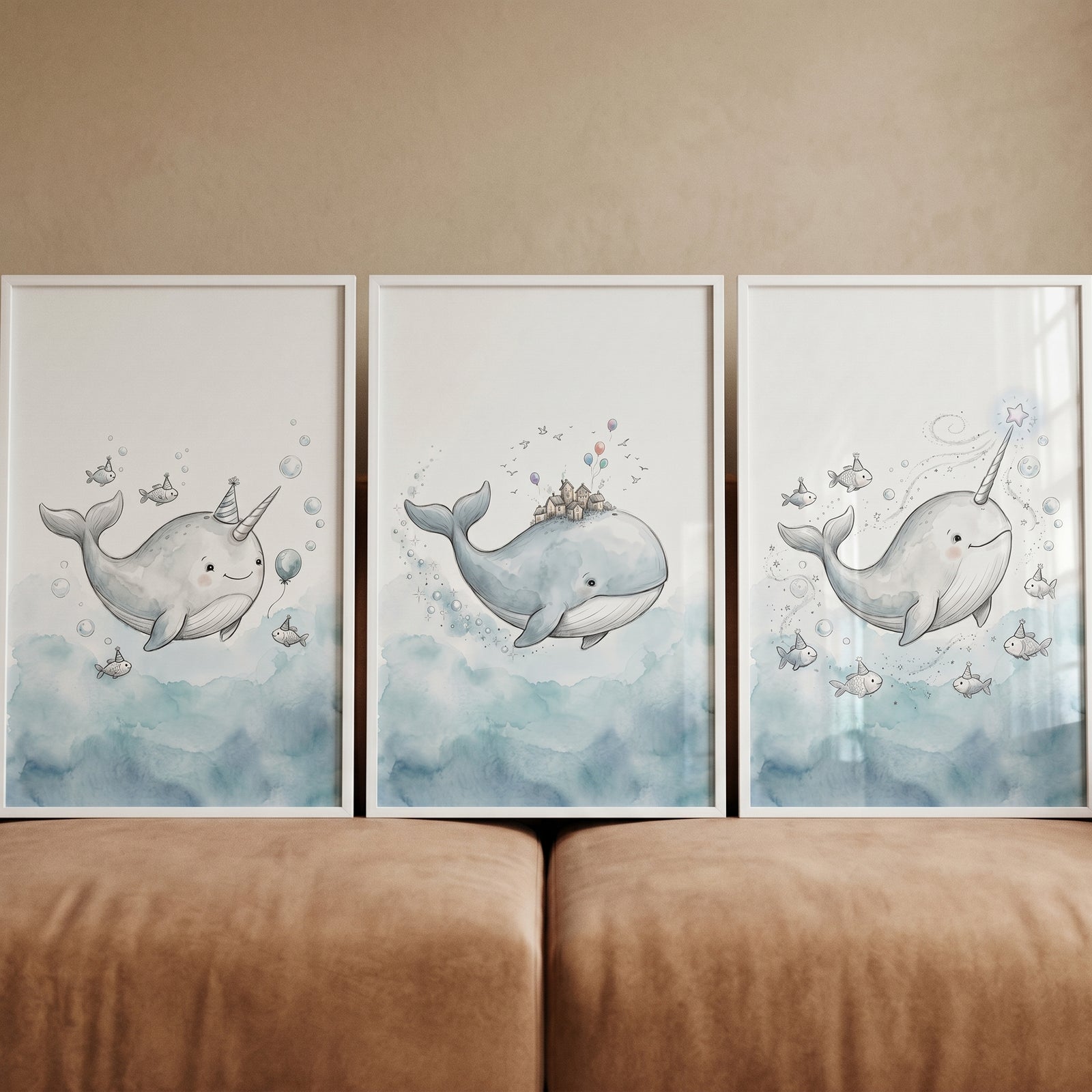 Ethereal blue ocean animal wall art set of 3 features whimsical whales and narwhals in soft blue watercolor styles.