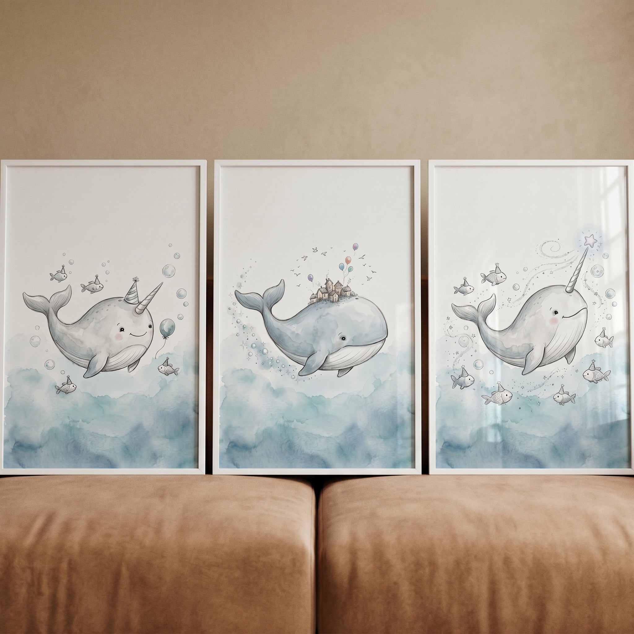 Ethereal Blue Ocean Animal Wall Art Set Of 3 - Whimsical Ocean Friends