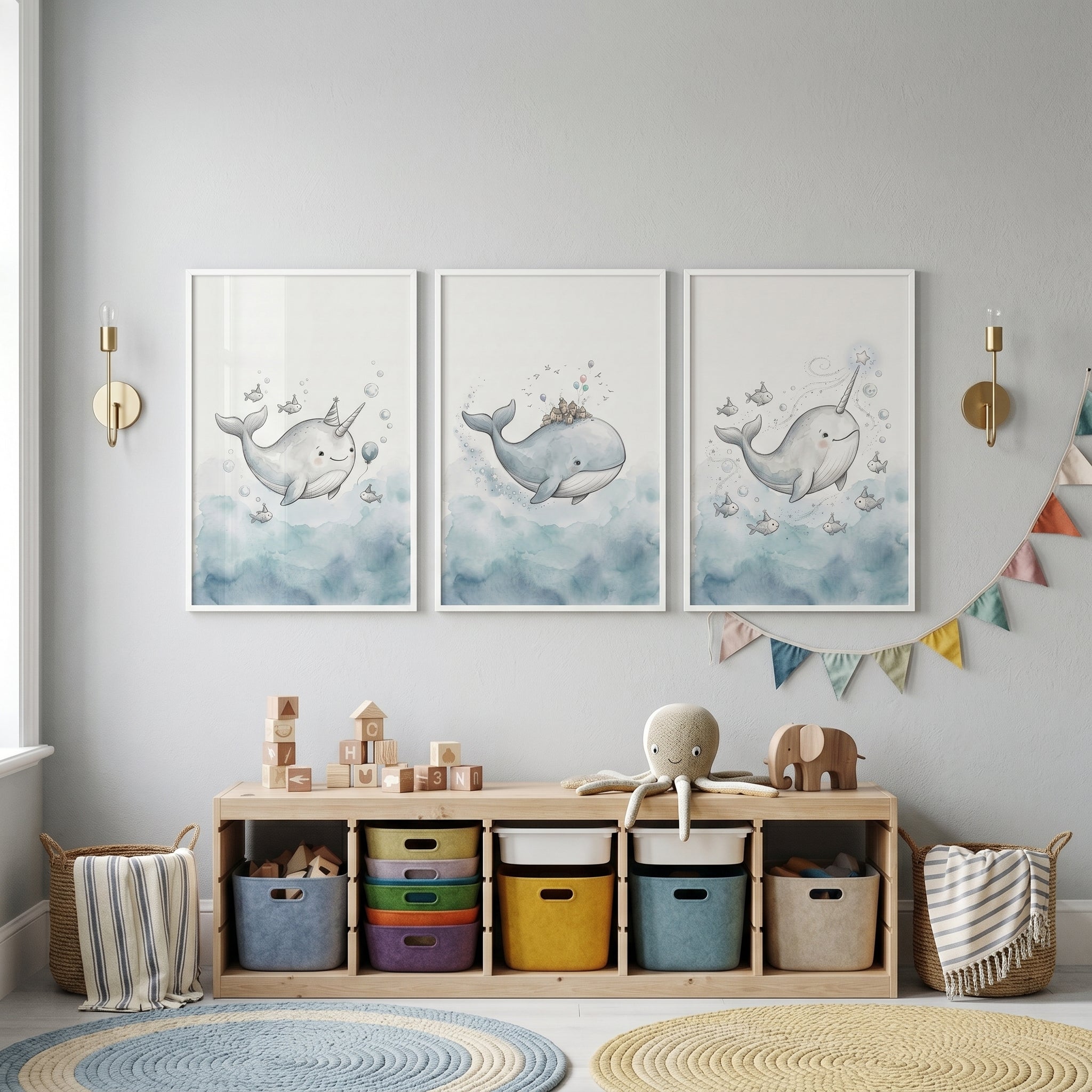 Ethereal Blue Ocean Animal Wall Art Set Of 3 - Whimsical Ocean Friends