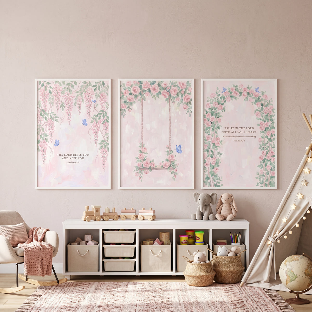 Ethereal Blush Botanical Garden Artwork Set of 3 - Serene Floral Faith