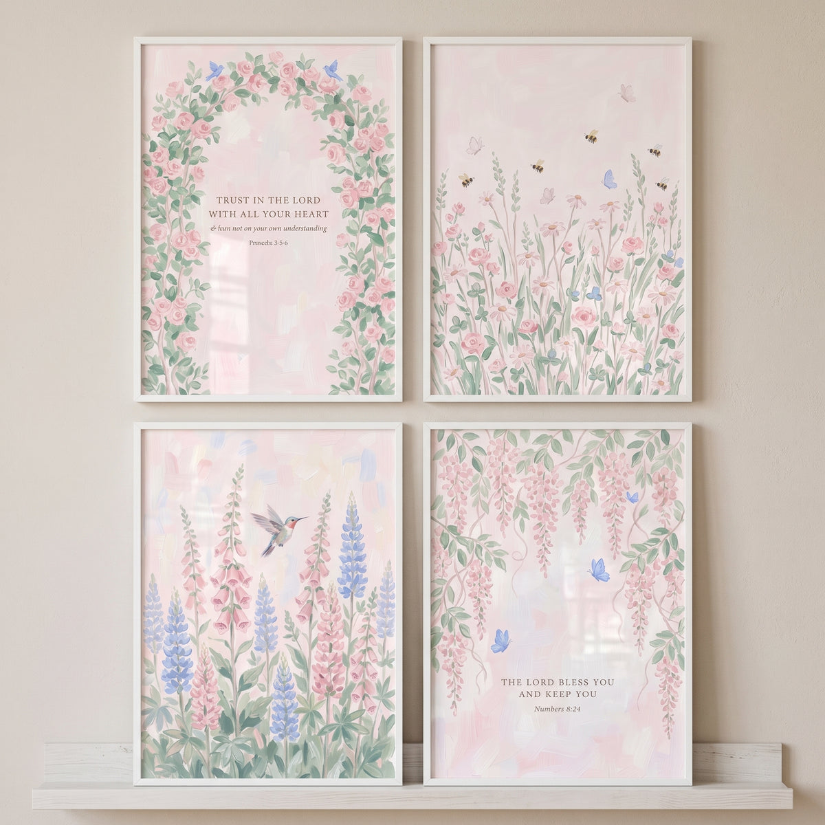 Ethereal Blush Floral Garden Wall Art Set of 4 - Pastel Faith Florals