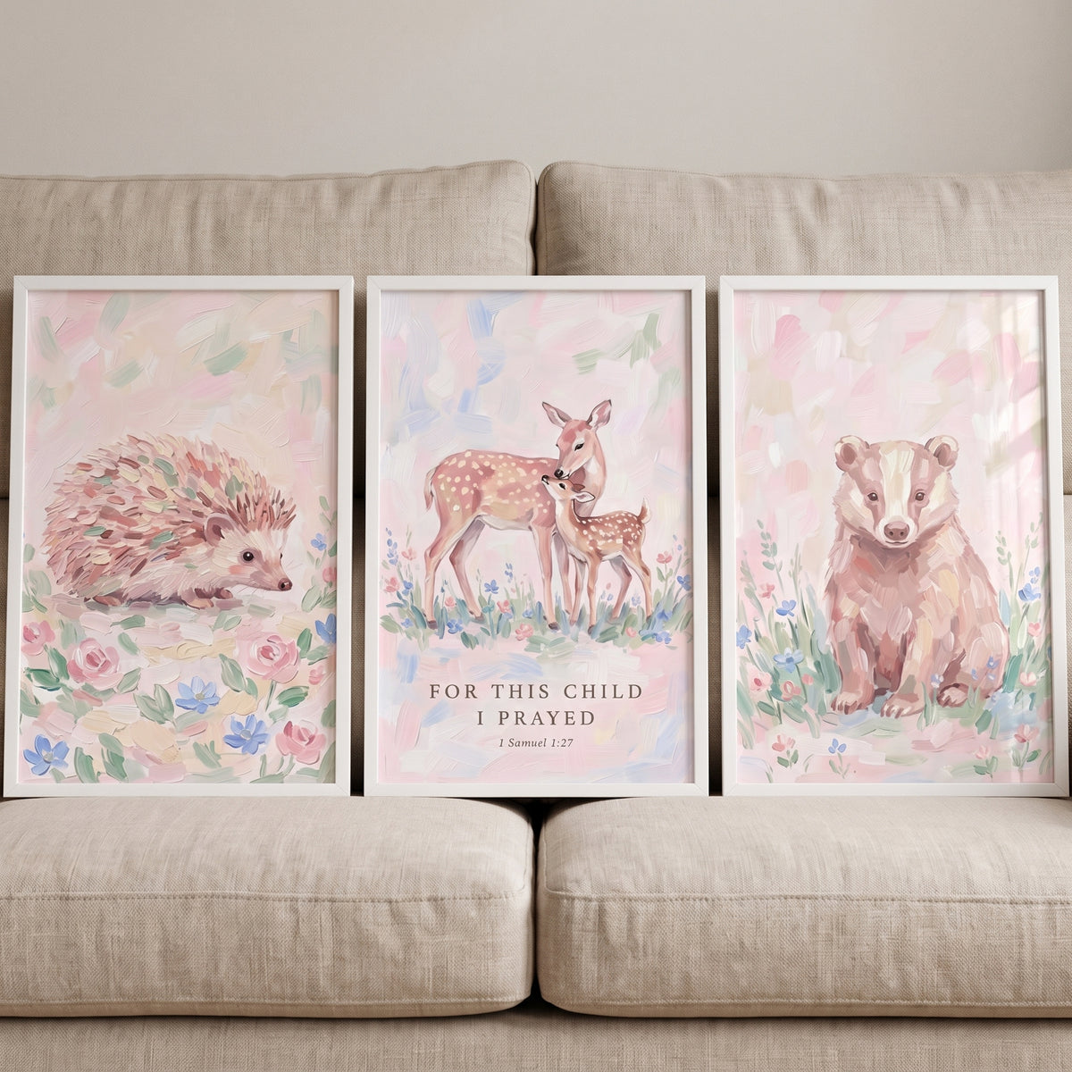 Ethereal Blush Forest Animals Wall Art Set of 3 - Woodland Prayer Trio