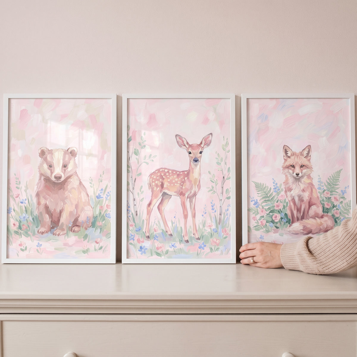 Pastel Ethereal Blush Forest Animals Wall Art Set of 3 - Pastel Woodland Trio