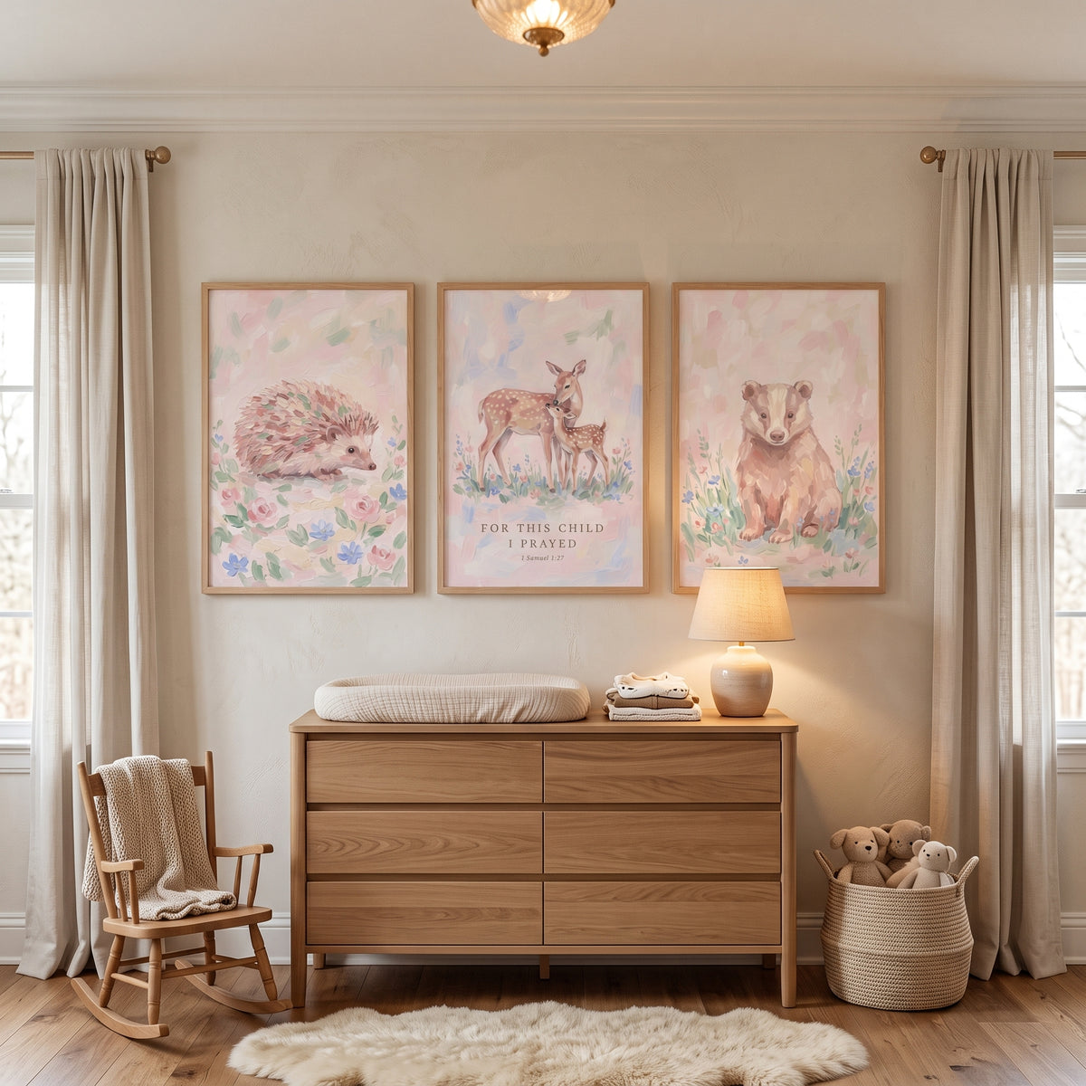 Ethereal Blush Forest Animals Wall Art Set of 3 - Woodland Prayer Trio