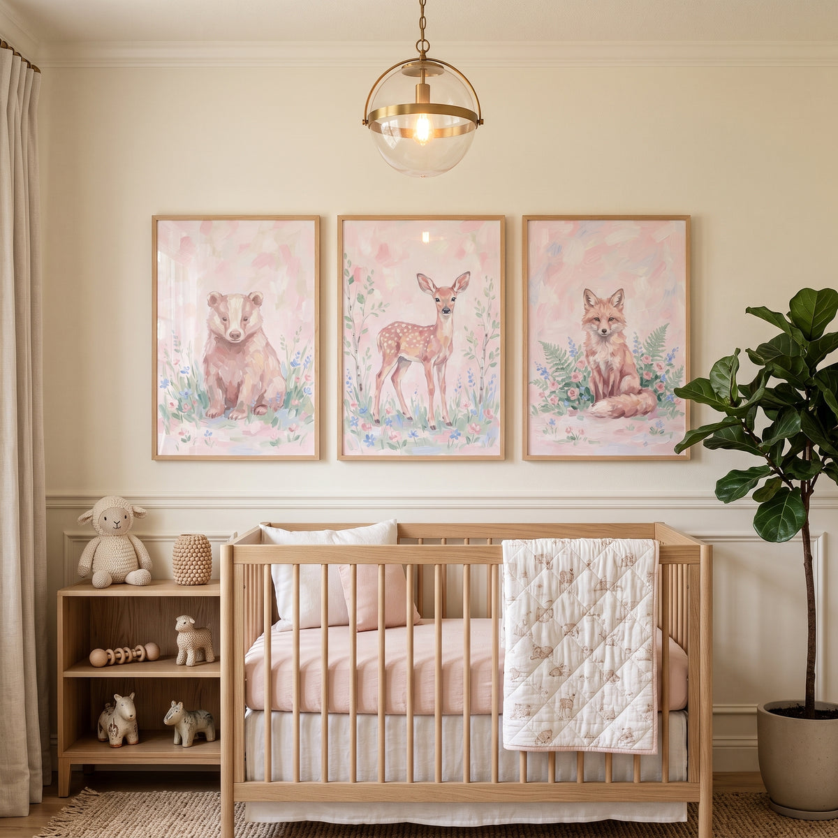 Pastel Ethereal Blush Forest Animals Wall Art Set of 3 - Pastel Woodland Trio