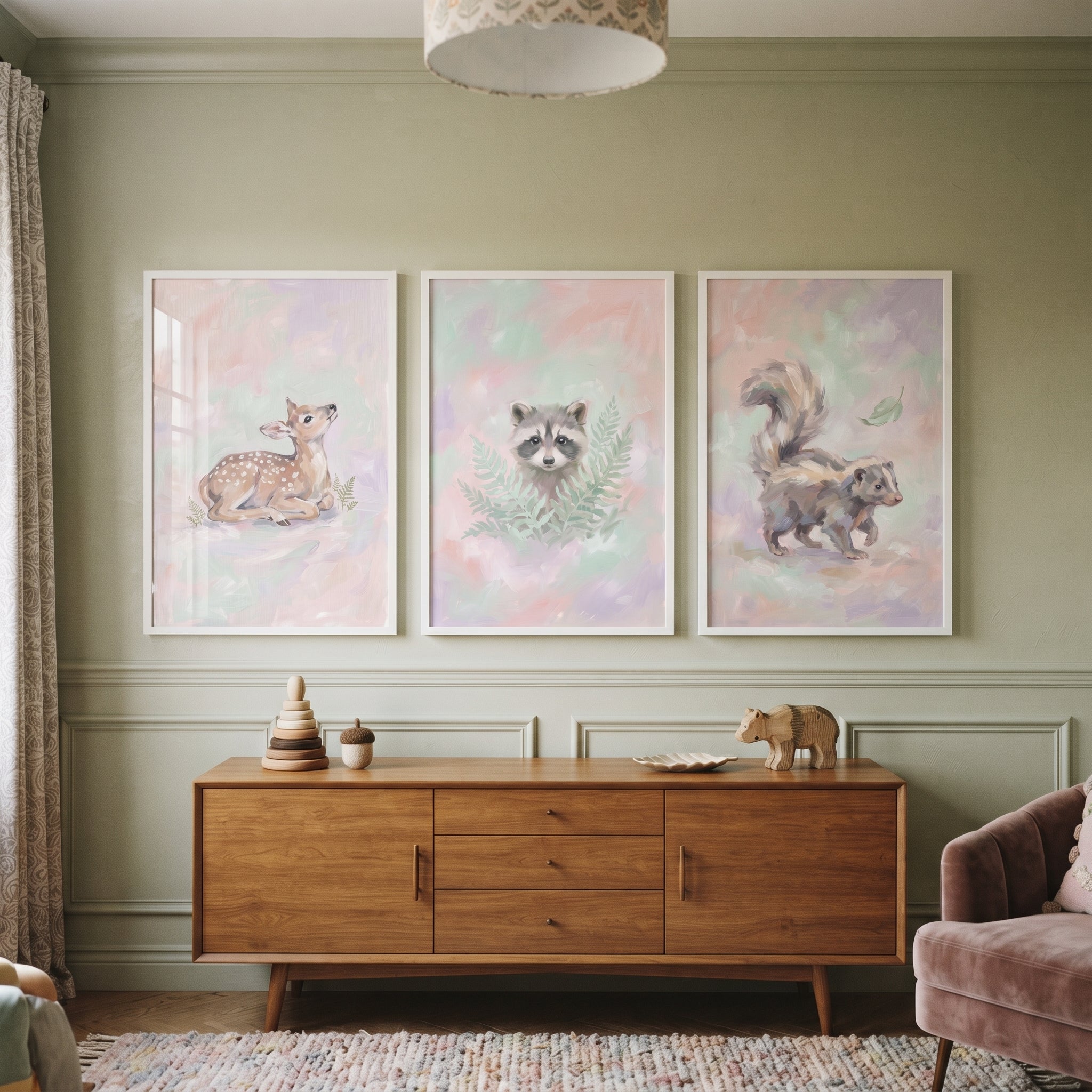 Ethereal Blush Woodland Animal Wall Art Set of 3 - Soft Woodland Trio