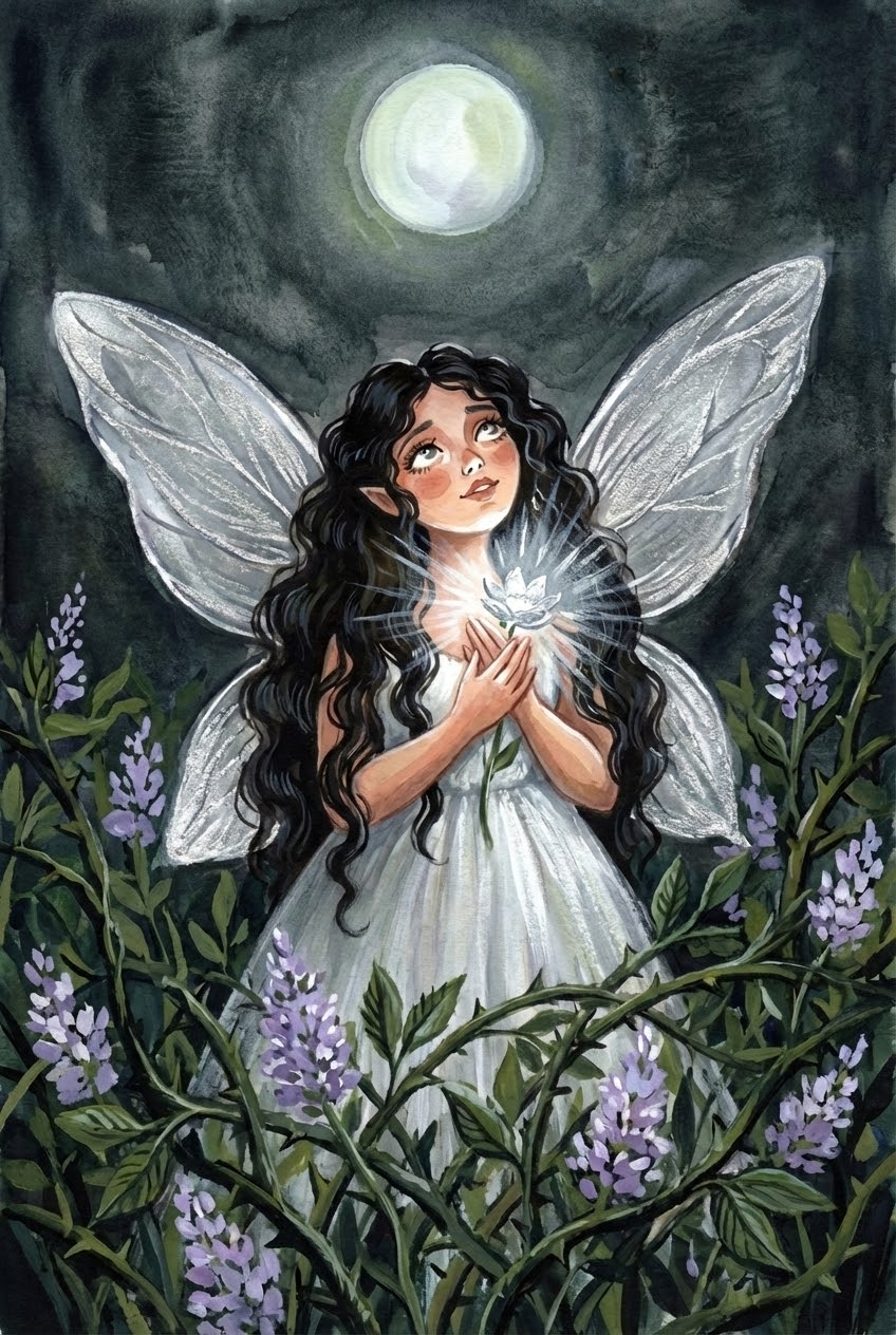 Ethereal illustration of a fairy standing in a moonlit garden, surrounded by blooming lavender flowers. She has long, flowing dark hair, translucent wings, and wears a white dress. Holding a glowing flower close to her chest, she gazes upward toward the full moon with a serene, hopeful expression. The soft moonlight and sparkles around the flower enhance the magical and peaceful atmosphere.