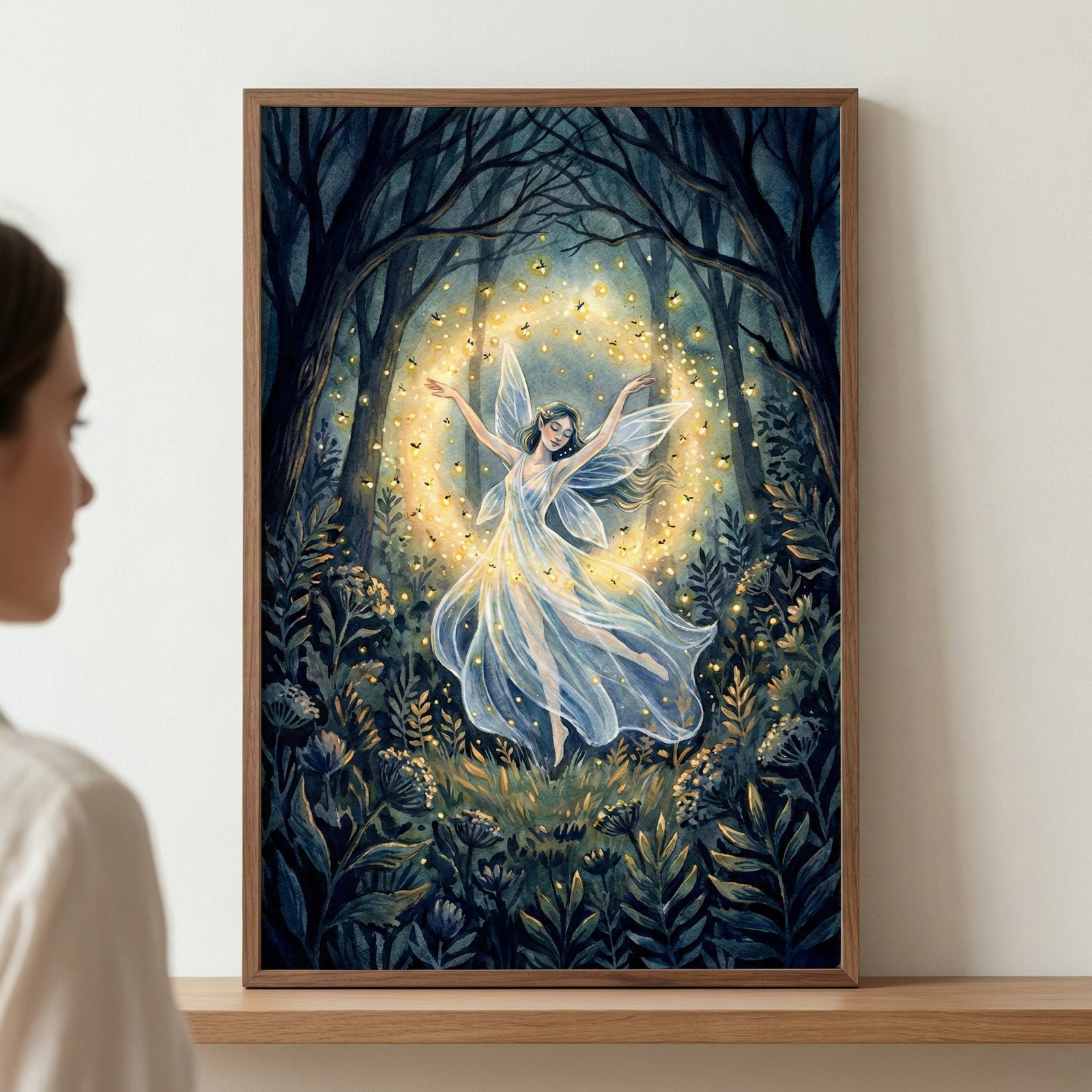 A framed illustration on a shelf shows a winged fairy figure dancing in a dark forest. The fairy is surrounded by a circular glow of golden light and tiny sparkles. She wears a long, ethereal gown that flows around her. The scene is set amidst dense foliage and flowers in the foreground, with skeletal trees in the background. A person's profile is visible on the left, looking at the framed piece.