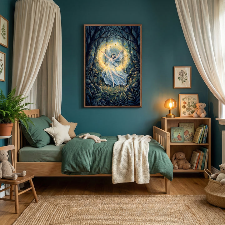 A cozy child's bedroom features dark teal walls and a light wood bed with green bedding and a white knit throw. Above the bed hangs a large framed artwork depicting a winged ethereal figure dancing in a glowing, enchanted forest. A white gauzy canopy drapes over the head of the bed, which is adorned with several decorative pillows, including one in the shape of a star. To the right, a small wooden bookshelf is filled with books, stuffed animals, and a warm glowing lamp. Several small botanical illustrations