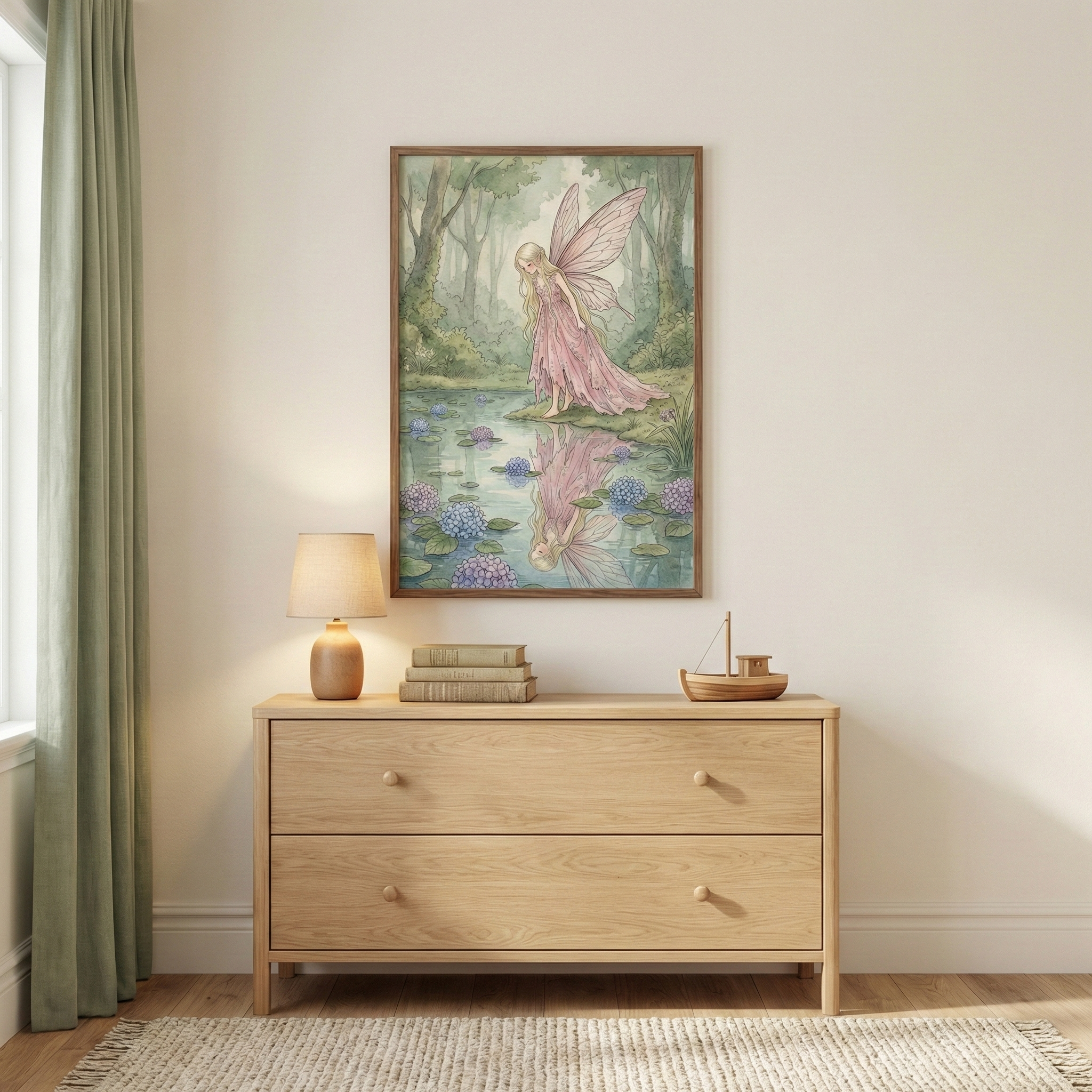 A framed illustration of a soft pink winged fairy standing at the edge of a tranquil forest pond gazes at her reflection among lily pads and clusters of lavender and blue hydrangeas. The artwork hangs above a light wood dresser styled with stacked books, a small lamp, and a wooden toy boat, creating a calm whimsical accent in a neutral child’s room.