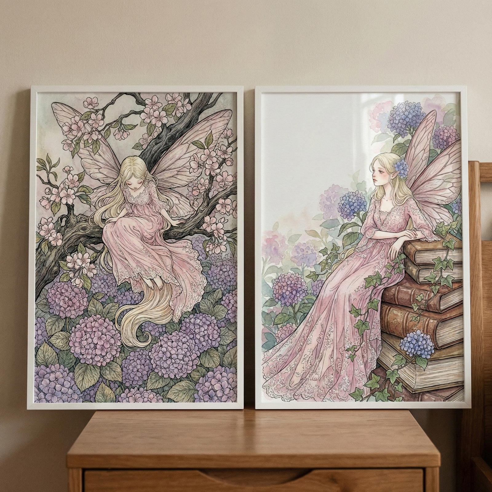 Two vertical framed illustrations hang side-by-side on a plain, neutral-toned wall. Both pieces feature a whimsical fairy with long, flowing blonde hair and large, delicate pink wings.  In the left illustration, the fairy sits on a thick, dark tree branch adorned with small pink blossoms. Below her is a lush bed of clustered purple and pink hydrangeas. She wears a soft, layered pink gown that flows down toward the flowers. 