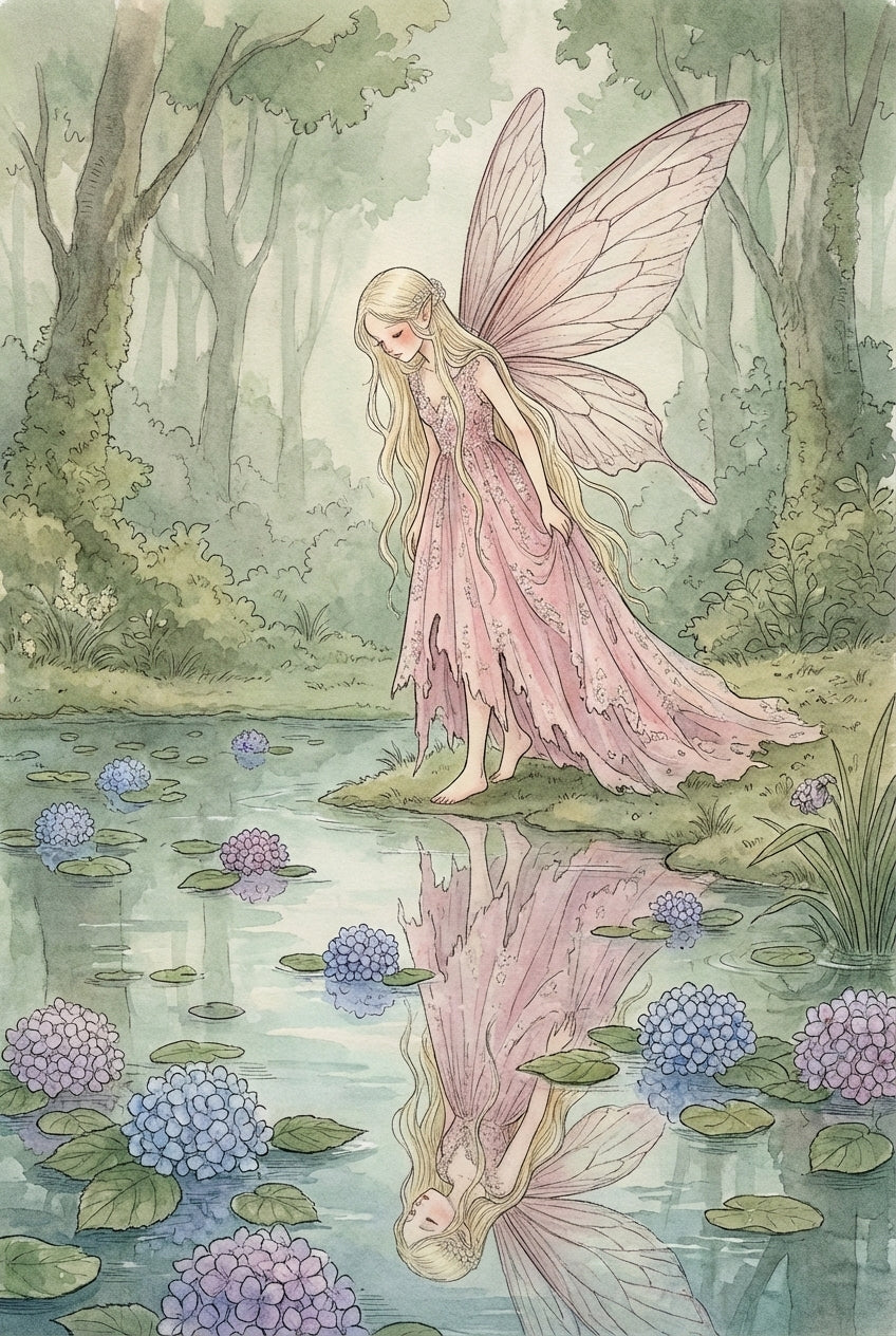 A whimsical watercolor illustration features a delicate fairy with long blonde hair and large, veined pink wings. She stands barefoot at the edge of a calm forest pond, wearing a tattered pink lace gown. She gazes at her reflection mirrored in the water. The pond is dotted with clusters of blue and purple hydrangeas resting on lily pads. The background consists of soft, muted green trees and misty foliage, rendered with fine ink outlines and a gentle color palette.