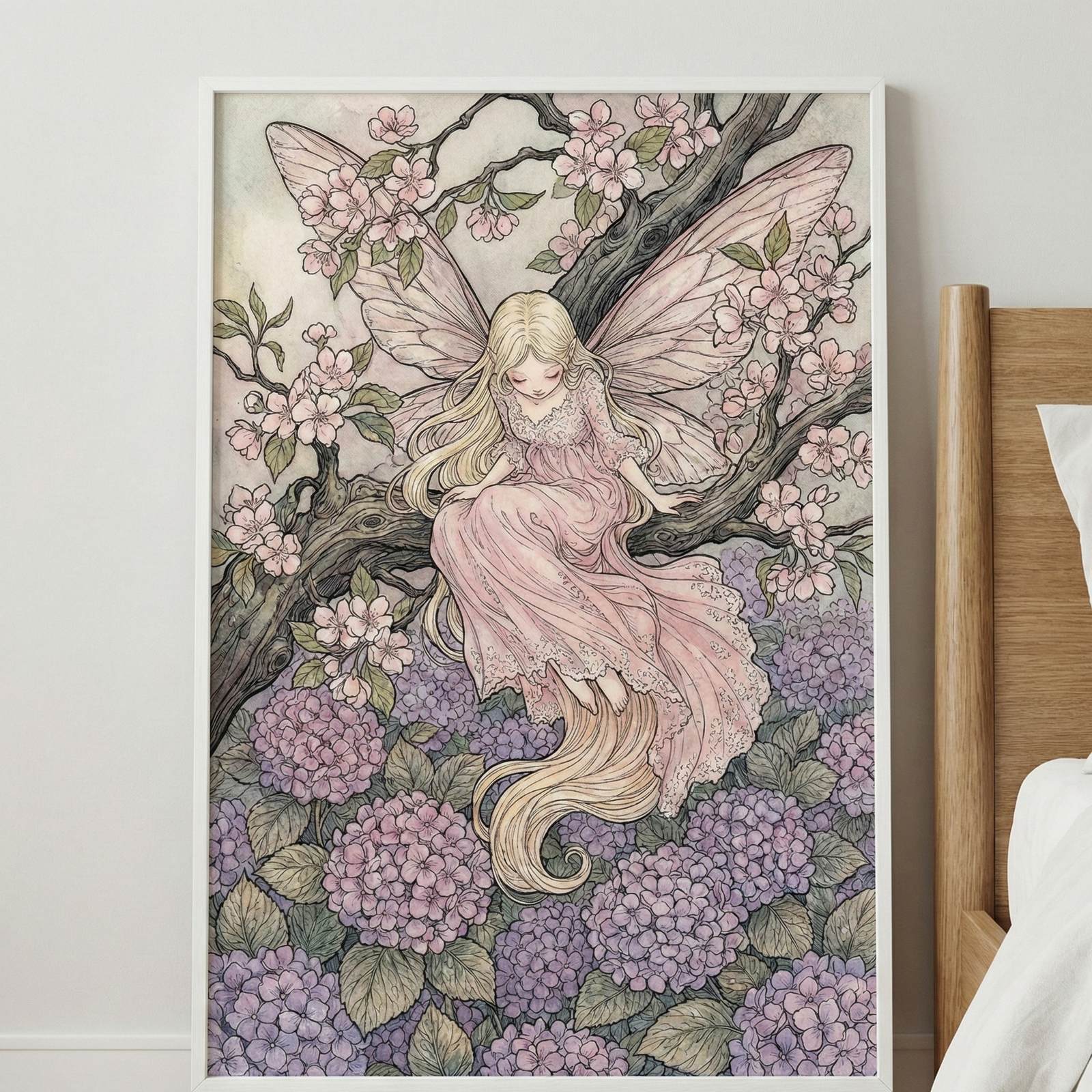 An illustration of a whimsical fairy with long, flowing blonde hair and large translucent wings. She sits on a branch of a tree covered in small pink blossoms. She wears an elegant, floor-length dress made of layered pink lace. Beneath the tree lies a dense field of large, globe-shaped purple flowers. The artwork features soft, muted colors and fine line details, shown in a white frame hanging on a plain wall beside a wooden bed frame.
