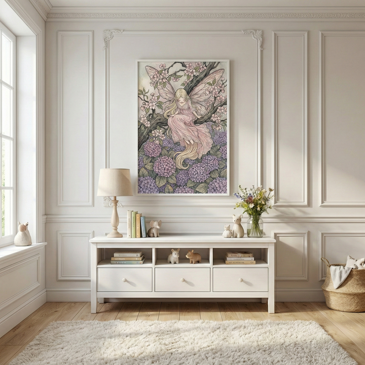 A bright, elegant room features a piece of artwork centered on a wall with decorative moldings. The illustration depicts a fair-haired fairy with large, translucent wings sitting among tree branches and purple flowers. Below the art is a white wooden sideboard holding a lamp, books, small animal figurines, and a vase of wildflowers. Sunlight enters from a nearby window, illuminating a plush rug on the wooden floor and a woven basket in the corner.
