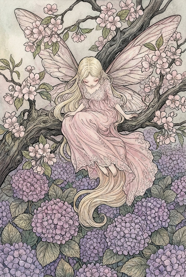 A delicate fairy with long, flowing blonde hair sits on a gnarled tree branch, wearing a pale pink lace gown. She has large, translucent wings with fine veining. Her head is bowed in a serene pose. Clusters of soft pink cherry blossoms sprout from the branches around her, while dense, round purple hydrangeas fill the bottom of the frame. The illustration uses fine ink outlines and soft, muted colors, creating a whimsical, vintage storybook aesthetic.