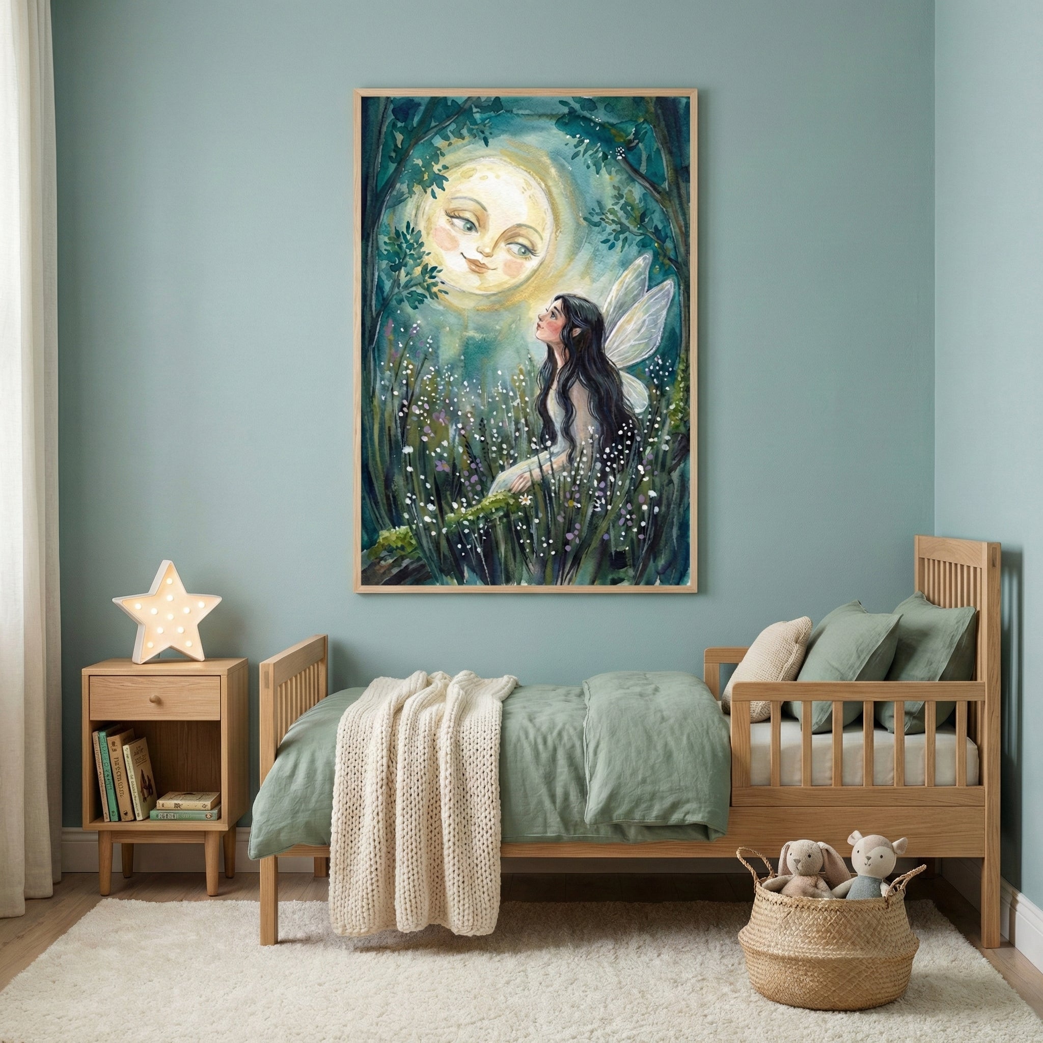 A cozy bedroom with teal walls features a small wooden bed with sage green bedding and a cream-colored knit throw blanket. Beside the bed is a matching wooden nightstand with a white star-shaped lamp and a small collection of books. Above the bed, a large framed illustration depicts a whimsical night scene with a winged figure sitting in a field of flowers, looking up at a large, glowing full moon with a smiling face. A white rug covers the floor, and a woven basket containing plush toys sits at the foot of