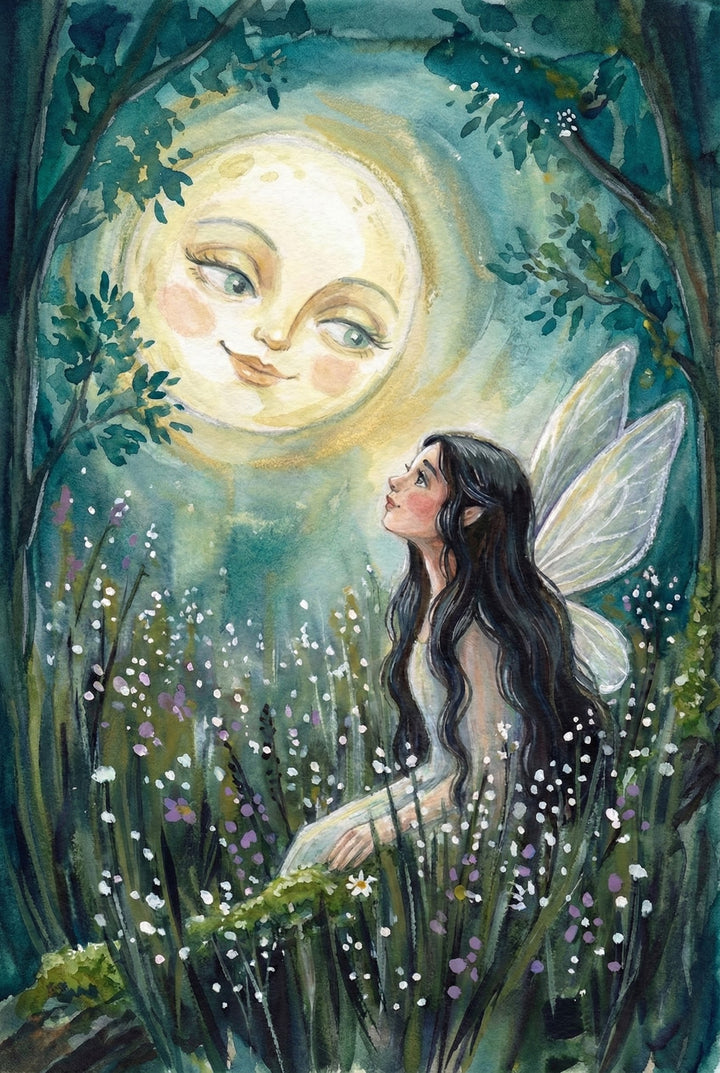 A fairy with long dark hair sits in a field of wildflowers, gazing up with wonder at a glowing full moon with expressive, kind eyes.