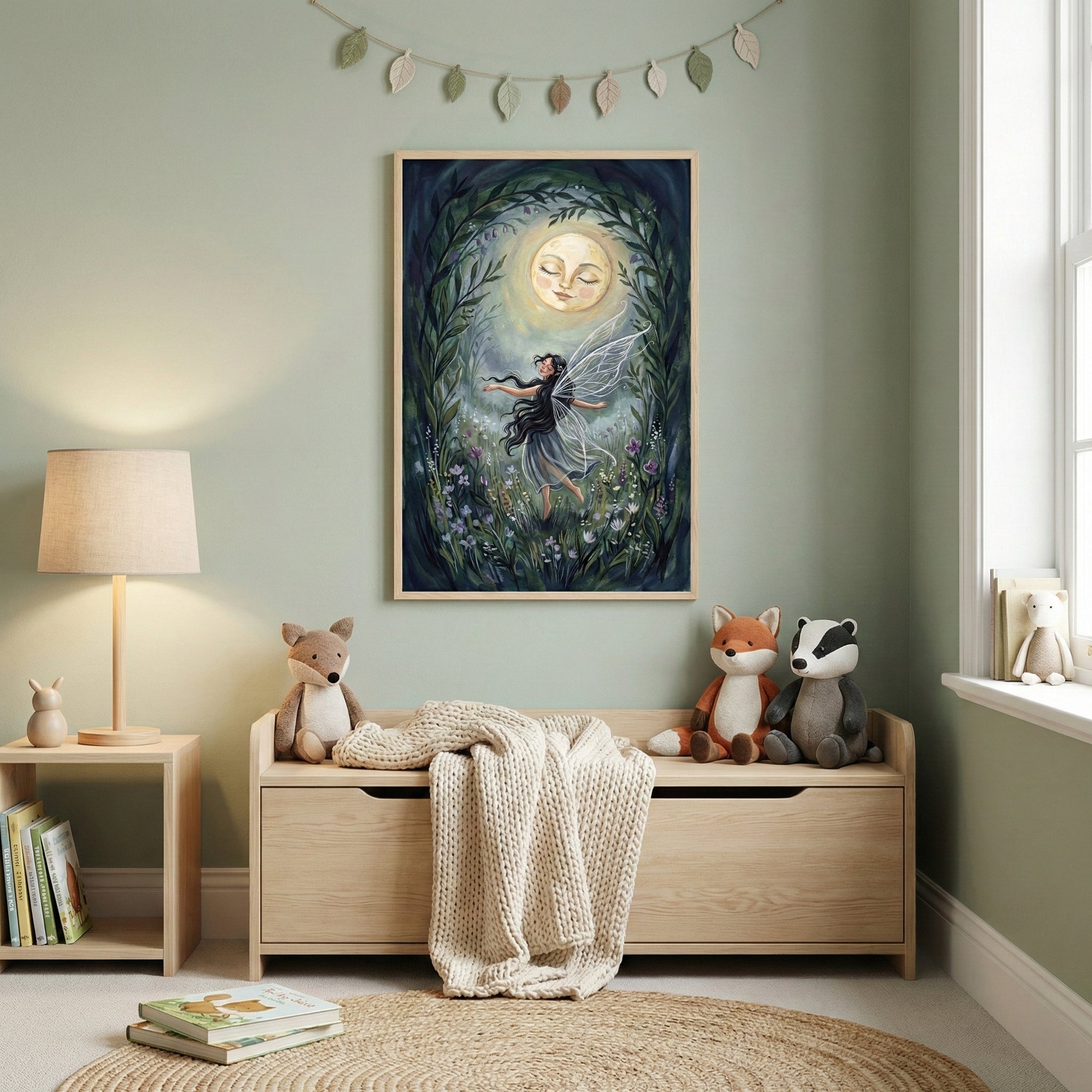 A child's nursery with sage green walls featuring a central framed illustration of a winged fairy figure dancing in a dark forest under a full moon with a face. Above the frame hangs a garland made of small fabric leaves in earthy tones. Below the art, a light-colored wooden storage bench holds three stuffed animal toys—two foxes and a badger—and is draped with a cream-colored chunky knit blanket. To the left of the bench is a small wooden side table with a lamp, a few books, and a small rabbit figurine. On