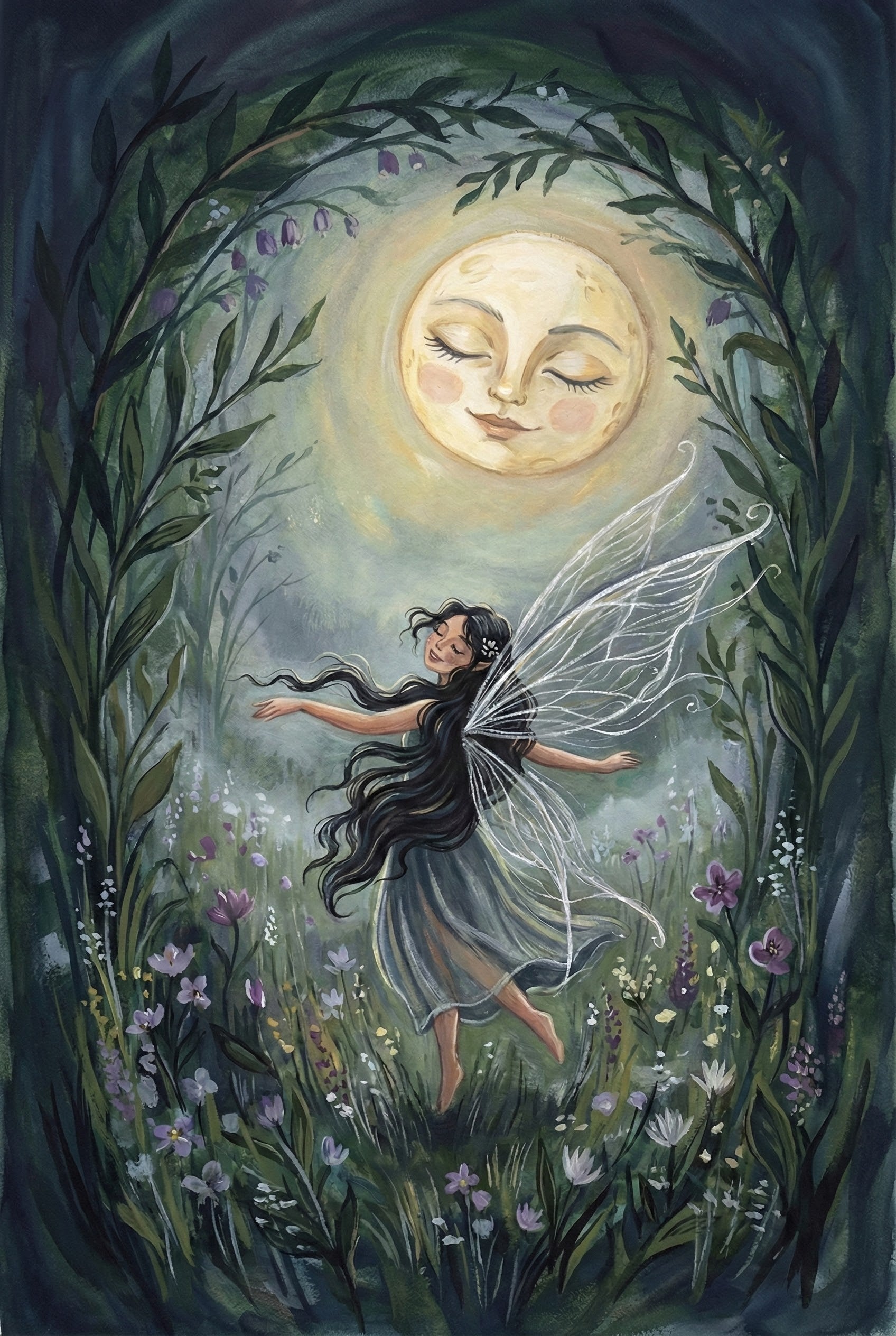 A fairy spins gracefully in a clearing encircled by flowers and arching greenery, under a radiant full moon with a peaceful, closed-eye smile.