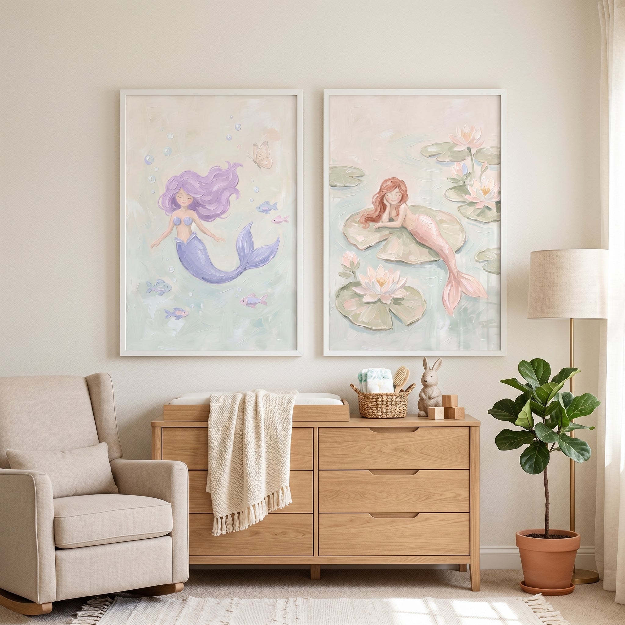 Ethereal Fantasy Gentle Mermaid Wall Art Set of 2 - Whimsical Mermaid Dreams