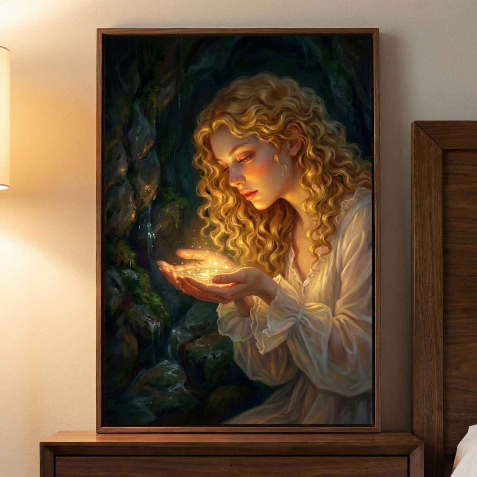 An illustrative artwork of a young woman with cascading golden curls, set against a dark, rocky background. She is dressed in an ethereal white garment and holds a shimmering pool of light in her cupped hands. The warm golden glow from the light illuminates her gentle facial features. The background suggests a mystical cavern with damp stones and patches of moss, creating a sense of quiet magic. The work is displayed in a dark wood frame, resting on a matching wooden surface.