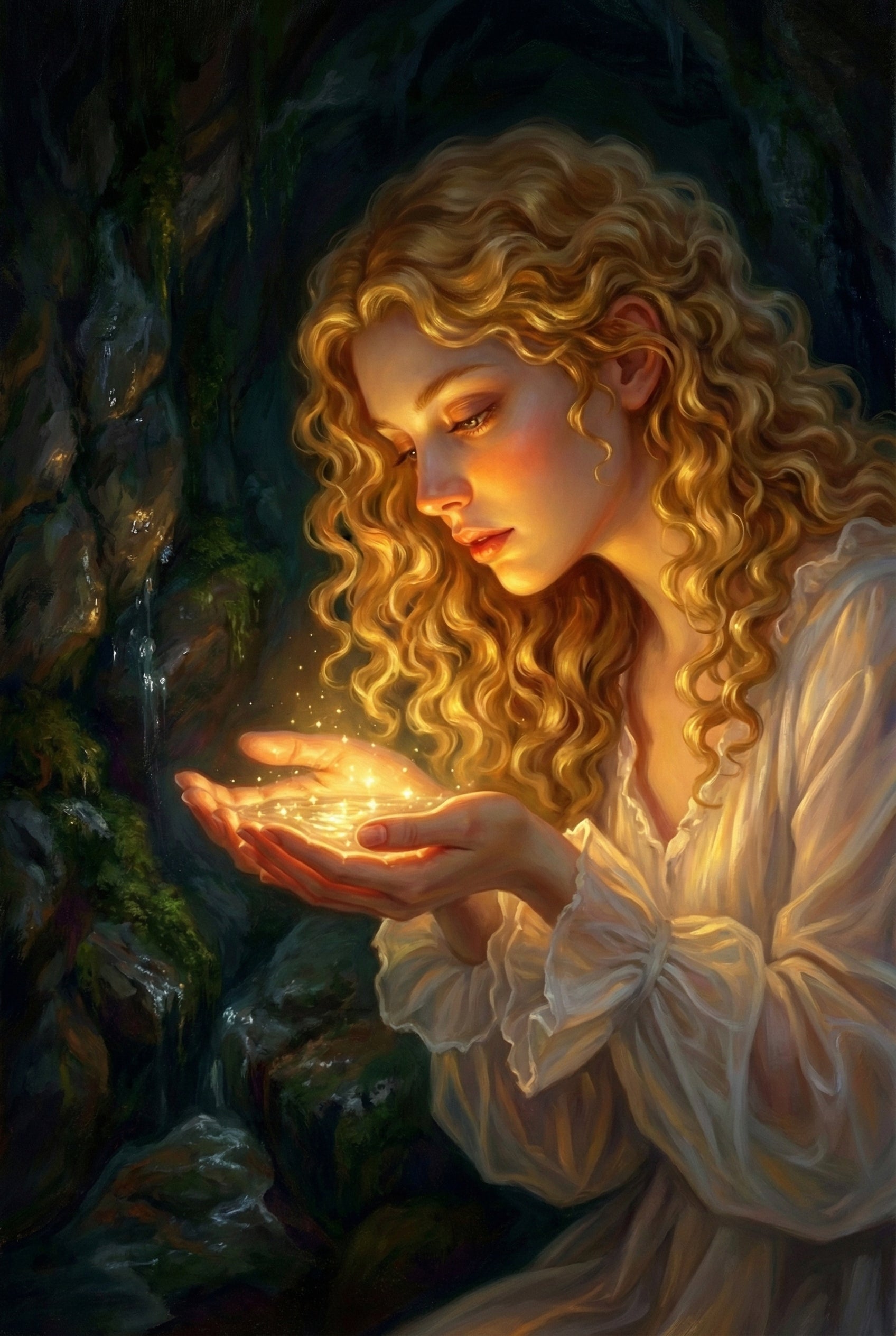 A luminous digital illustration features a young woman with long, cascading golden curls. She stands within a dark, mossy cavern, her face illuminated by the warm, golden glow of shimmering liquid held in her cupped hands. The magical water emits tiny, sparkling light particles that drift upwards. She wears a delicate, translucent white dress with ruffled sleeves. The soft light highlights her serene expression and the intricate texture of her hair against the shadowy, wet rock background.