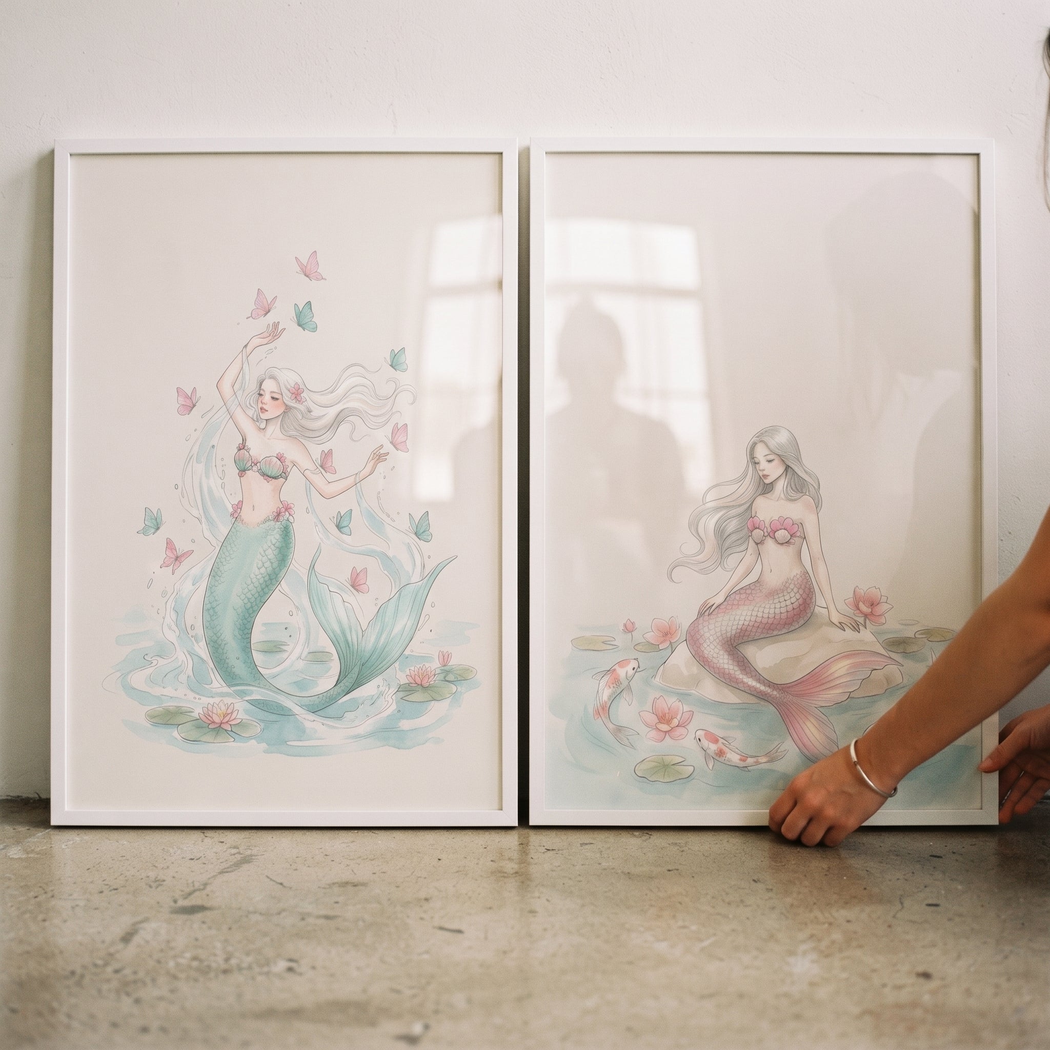 Ethereal Flowing Hair Mermaid Wall Art Set of 2 - Ethereal Sea Maidens