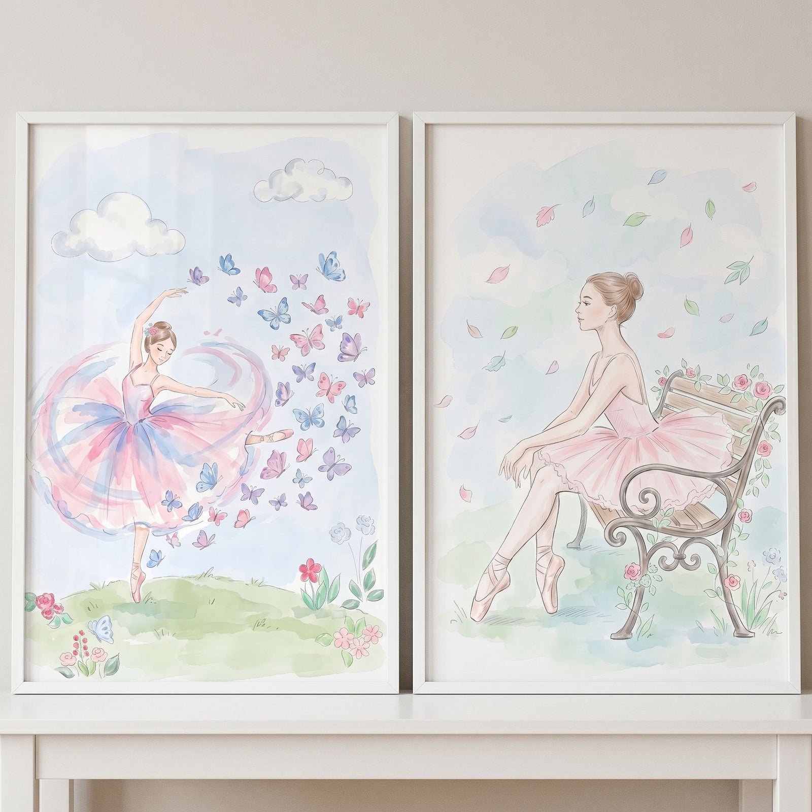 Ethereal garden ballerina wall art set of 2 featuring watercolor dancers with colorful butterflies and a park bench.