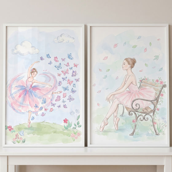 Ethereal garden ballerina wall art set of 2 featuring watercolor dancers with colorful butterflies and a park bench.