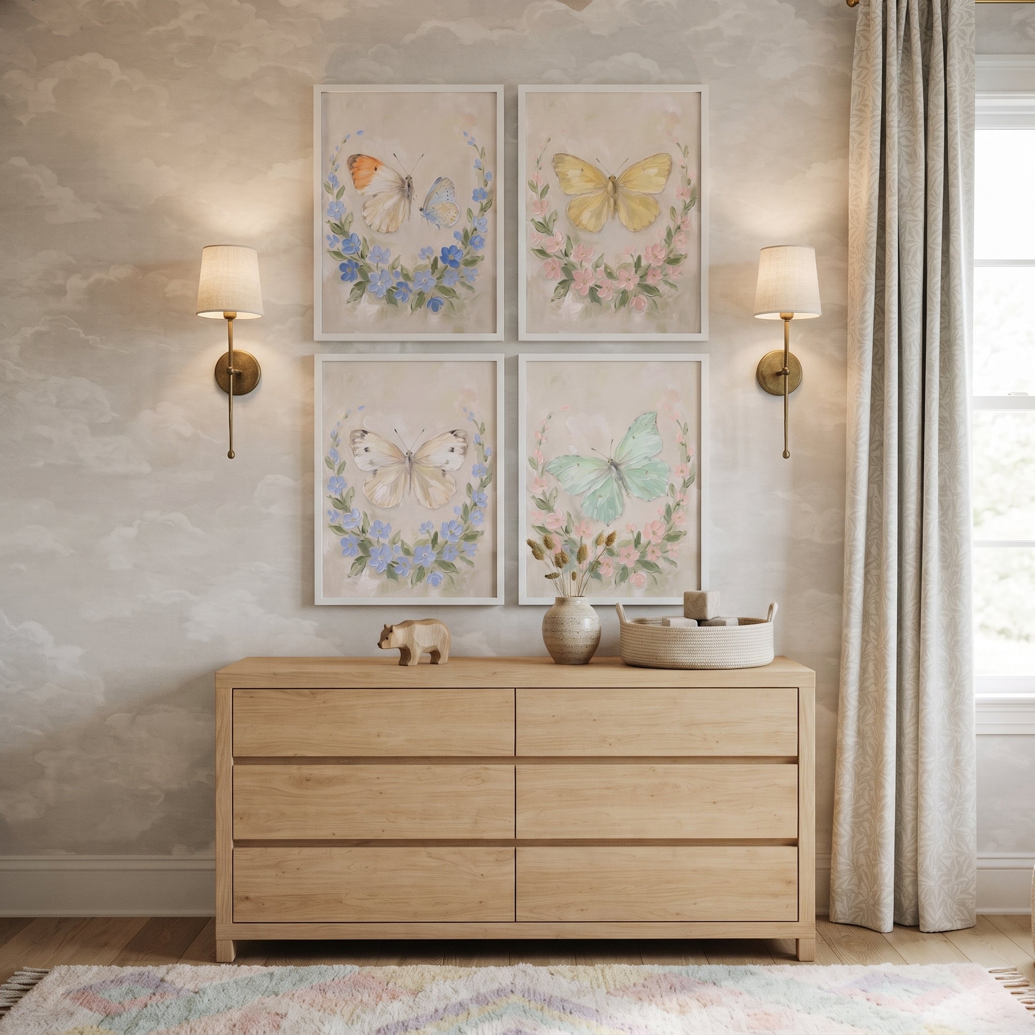 Ethereal Garden Wreath Butterfly Wall Art Set of 4 - Fluttering Pastel Wings