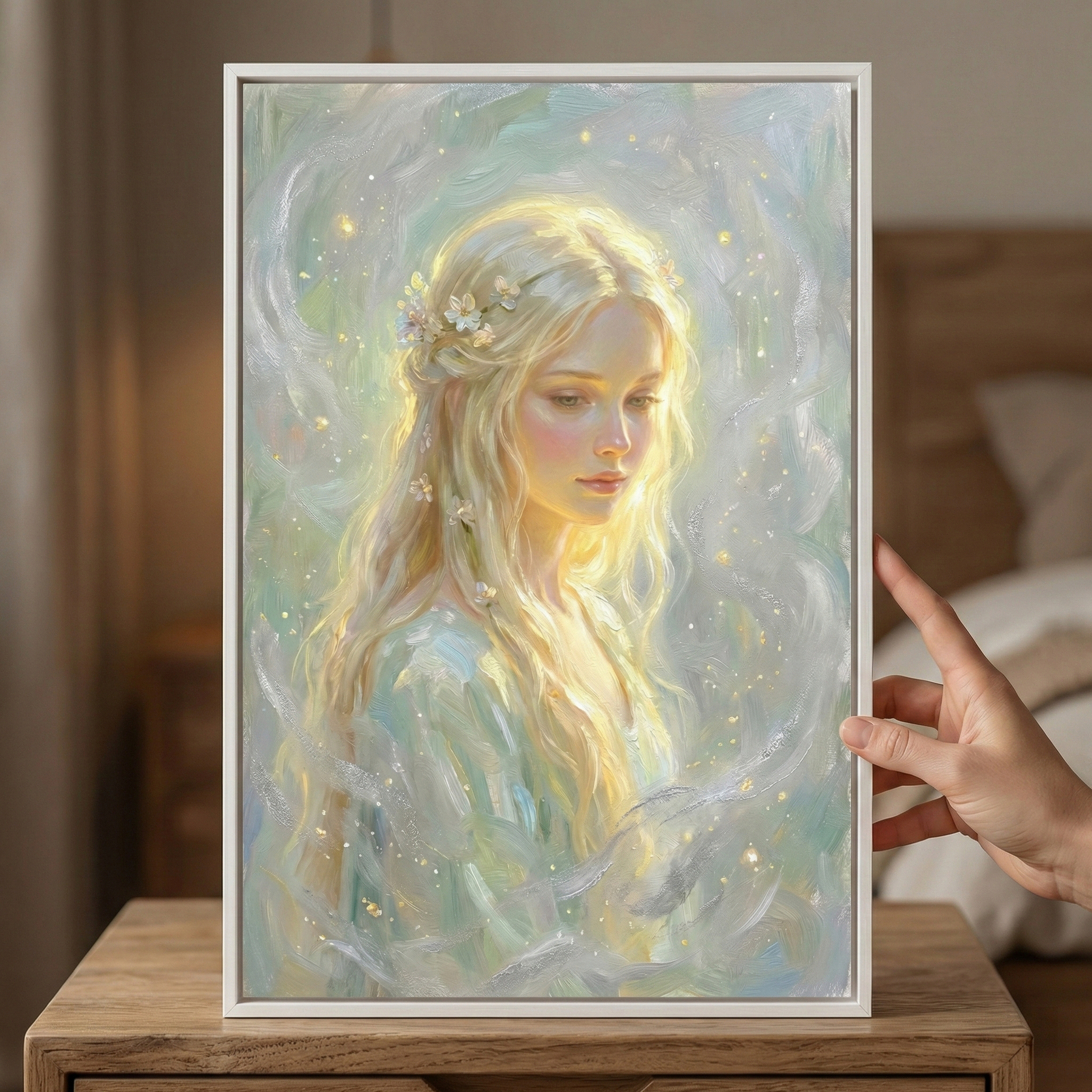 A hand holds a vertical framed canvas featuring a portrait of an ethereal young woman. She has long, wavy blonde hair adorned with small white flowers and a soft, thoughtful expression. A bright, warm light glows from behind her head, creating a halo effect. The style uses impressionistic strokes in pastel shades of light blue, soft green, and cream. Glittering golden specks are scattered throughout the wispy, cloud-like background. The thin white frame rests on a wooden surface.