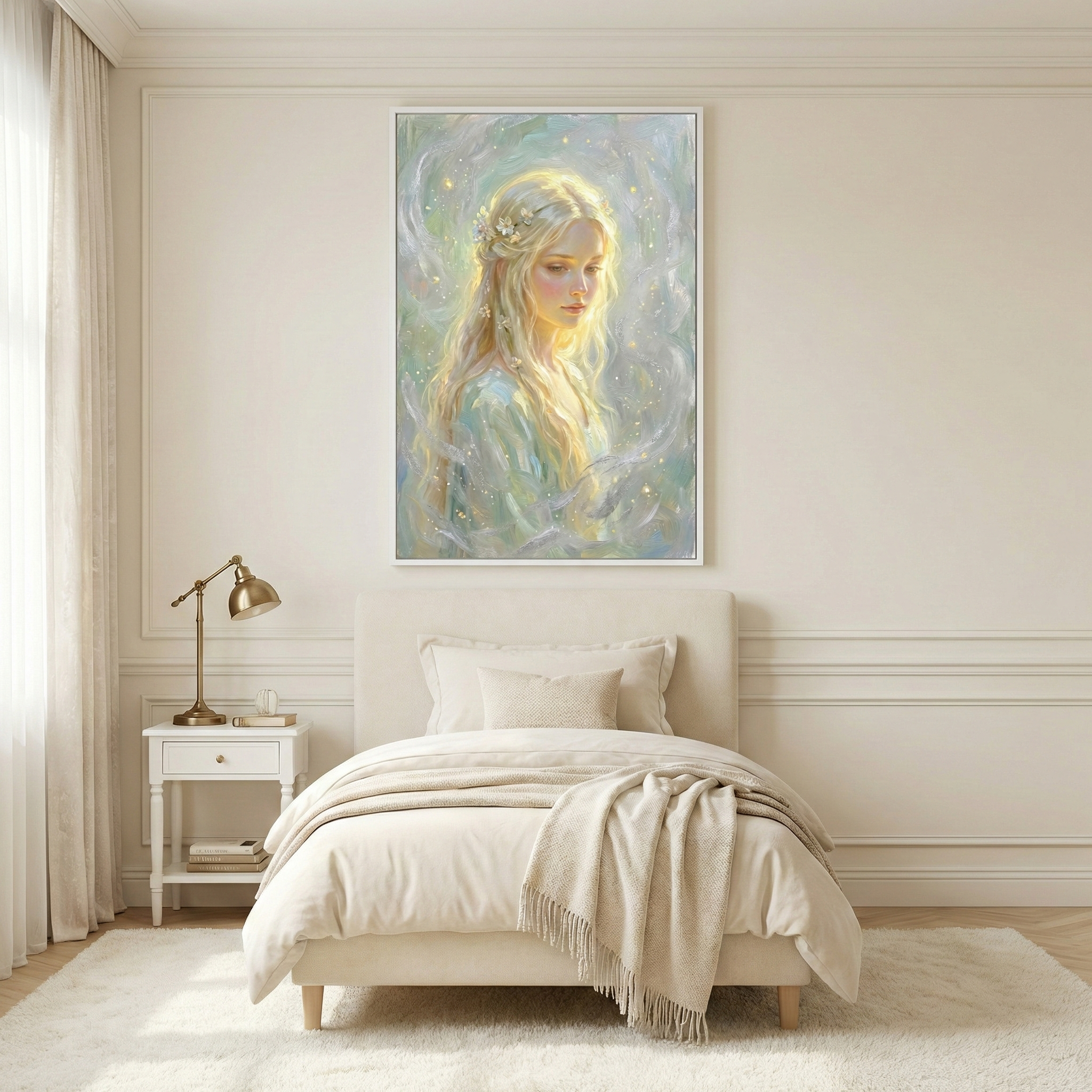 Centered above a cream-colored bed, a vertical artwork depicts a serene woman with long blonde hair and a crown of flowers. She is surrounded by ethereal, swirling pastel hues and glowing golden sparks. The bedroom features neutral walls with classic molding, a soft white rug, and a white nightstand holding a gold-toned lamp. The scene is bathed in soft, natural light, creating a peaceful and dreamy atmosphere in a minimalist interior.