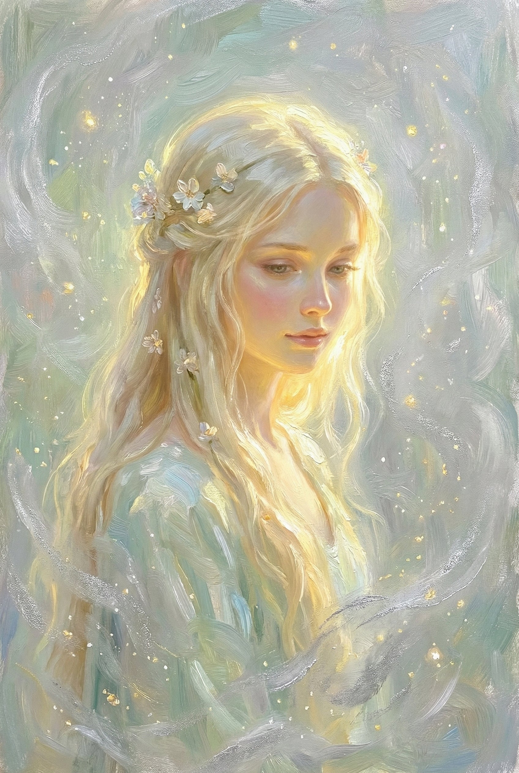 A soft painterly portrait of a blonde woman with long flowing hair adorned with small white flowers. Golden light and delicate sparkles surround her against a muted green background, giving the image a dreamy fairytale feel.
