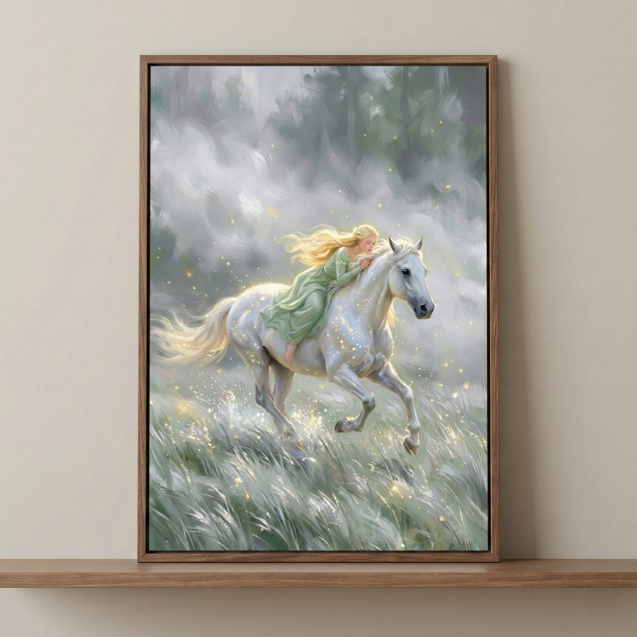 A vertical framed artwork depicts a young woman with long, flowing blonde hair and a light green dress riding a majestic white horse. The woman leans forward, her head resting near the horse's neck as they gallop through a lush meadow of tall grass. The scene is filled with a sense of magic, featuring shimmering golden flecks of light that resemble fireflies or floating dust motes. The background is a soft, misty landscape with the faint outlines of trees, creating an ethereal and dreamy atmosphere. 