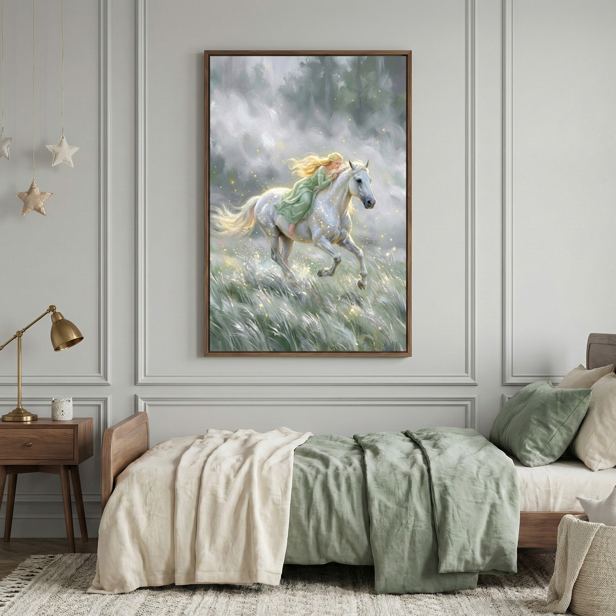 A bedroom with a single bed dressed in sage green and cream-colored linens. Above the bed, a large framed artwork shows a blonde-haired girl in a green dress riding a white horse through a field of tall grass with sparkling accents and a misty background. A wooden nightstand with a gold-toned lamp sits next to the bed. The wall features light grey decorative molding, and star-shaped ornaments hang from the ceiling in the corner.