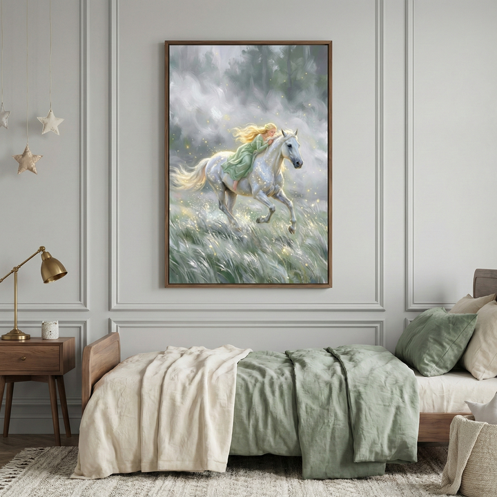 A bedroom with a single bed dressed in sage green and cream-colored linens. Above the bed, a large framed artwork shows a blonde-haired girl in a green dress riding a white horse through a field of tall grass with sparkling accents and a misty background. A wooden nightstand with a gold-toned lamp sits next to the bed. The wall features light grey decorative molding, and star-shaped ornaments hang from the ceiling in the corner.