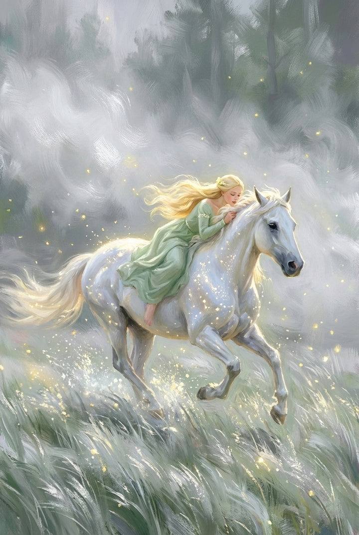 A young woman in a flowing green dress rides a white horse through a misty meadow filled with glowing golden lights. The horses mane streams behind as they move through tall grass, creating a magical woodland atmosphere.

