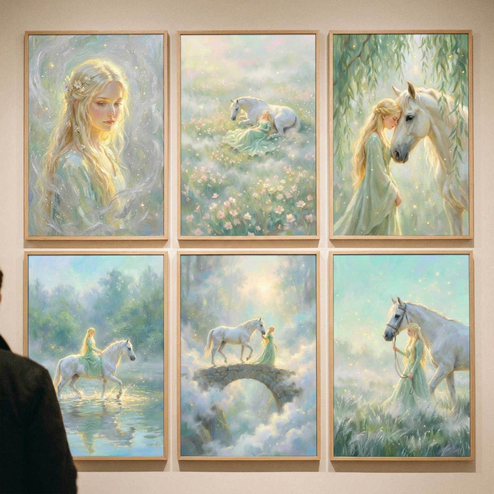 Six framed illustrations are displayed on a light-colored wall, viewed by a person from behind. Each piece features a long-haired blonde woman in a flowing light green gown and a white horse in a dreamlike, ethereal setting. The top row includes a close-up portrait with a glowing aura, the pair in a flower field, and an intimate moment under willow trees. The bottom row shows the woman riding through water, walking across a stone bridge in the clouds, and leading the horse through tall grass.