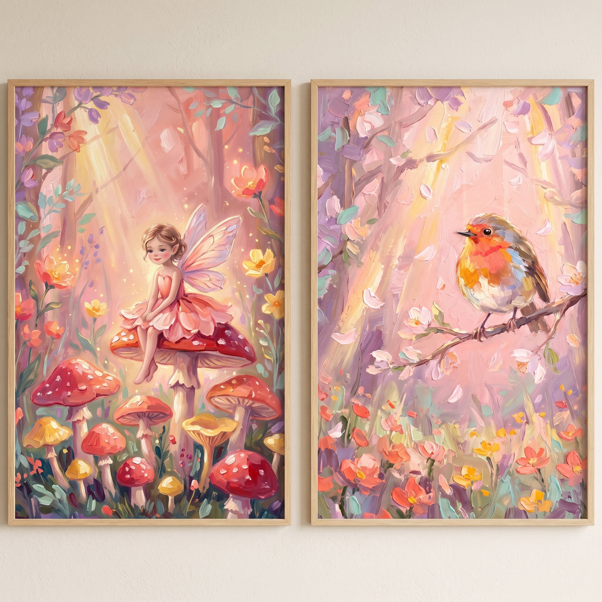 Ethereal impasto enchanted forest wall art set of 2 featuring a fairy on a mushroom and a bird on a branch.